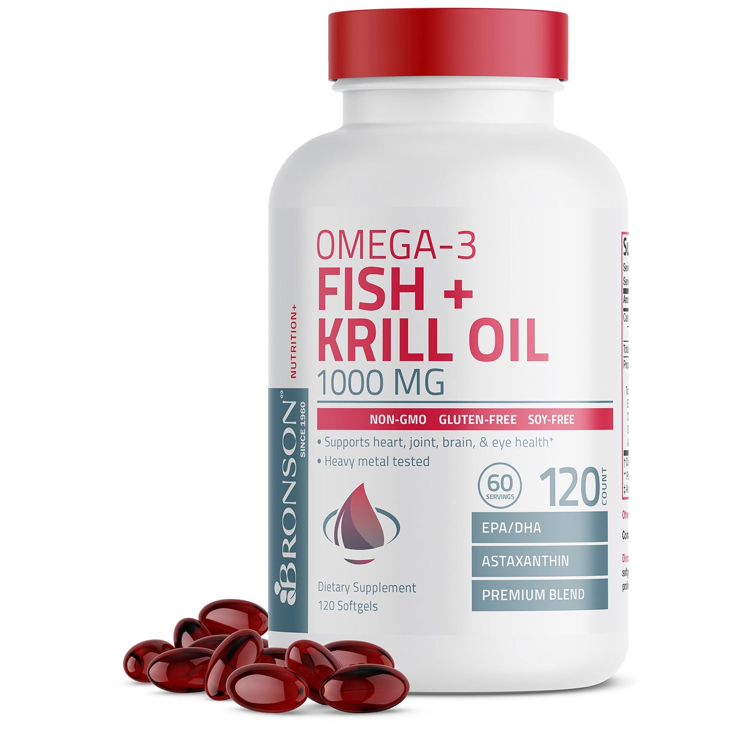 Bronson Omega-3 Fish + Krill Oil 1000 mg EPA DHA Astaxanthin Premium Blend Softgels, 120