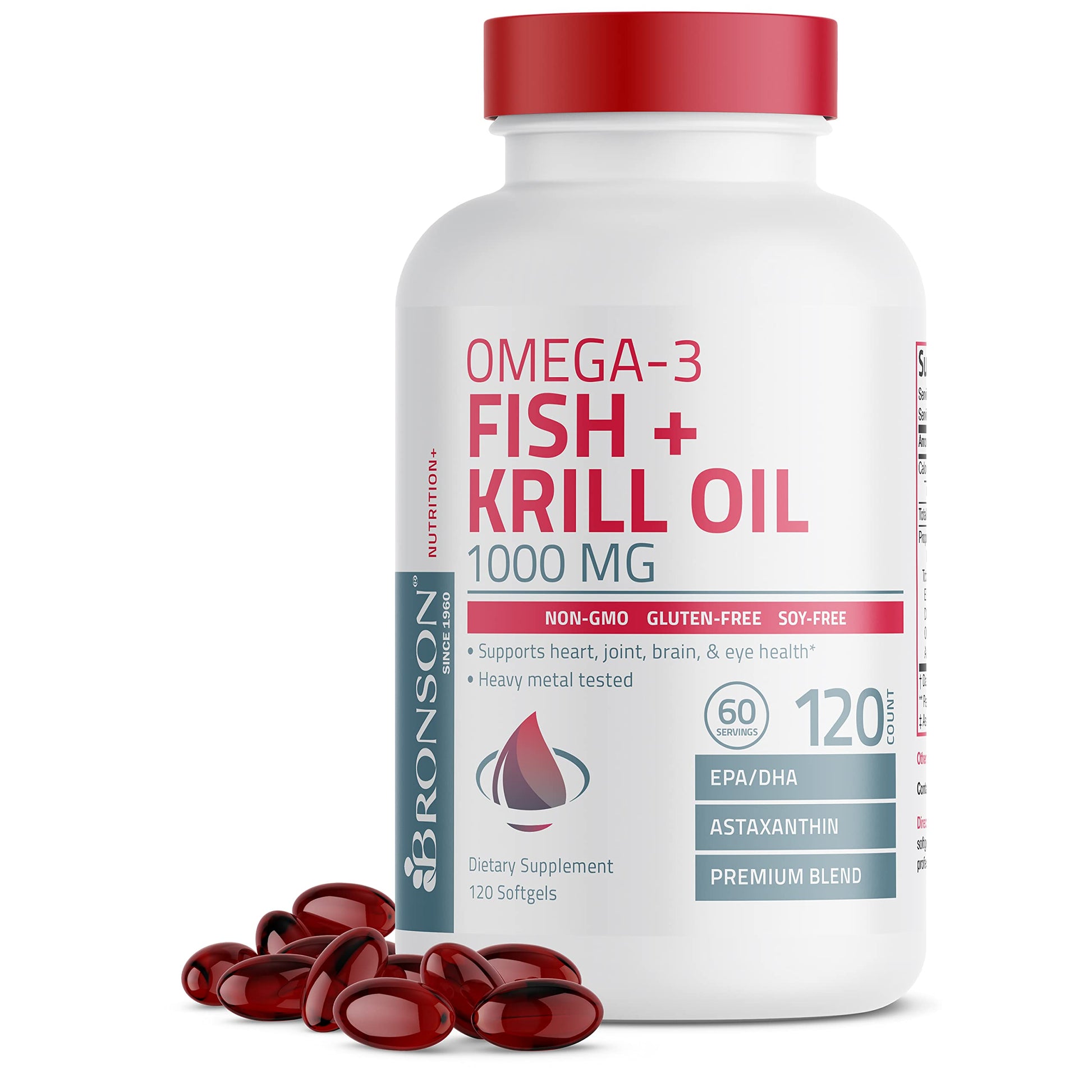 Bronson Omega-3 Fish + Krill Oil 1000 mg EPA DHA Astaxanthin Premium Blend Softgels, 120