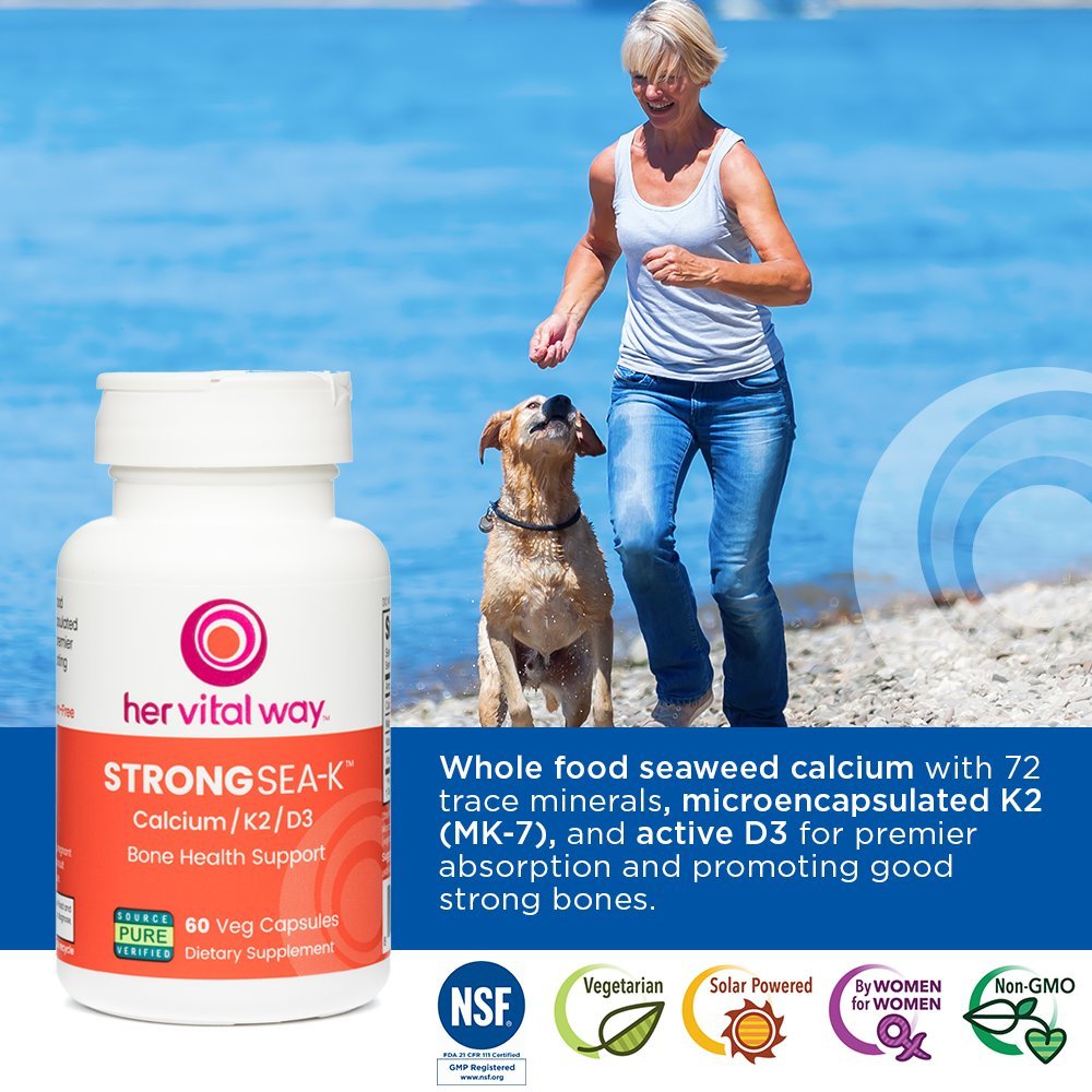 Her Vital Way Strong Sea-K Calcium Supplement with K2 and D3, Whole Food Calcium with Trace Minerals, 60 Capsules