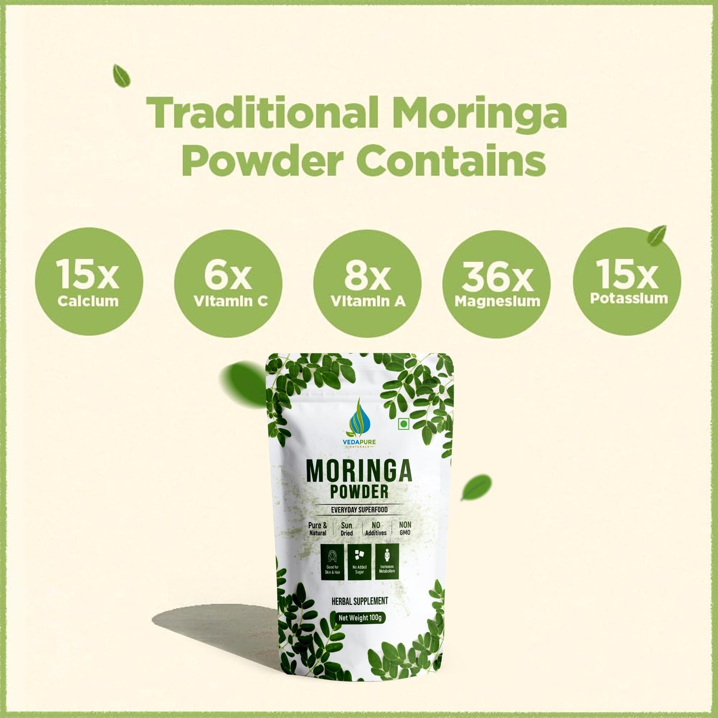 VEDAPURE Organic Moringa Oleifera Leaf Powder, 3.53 Ounce