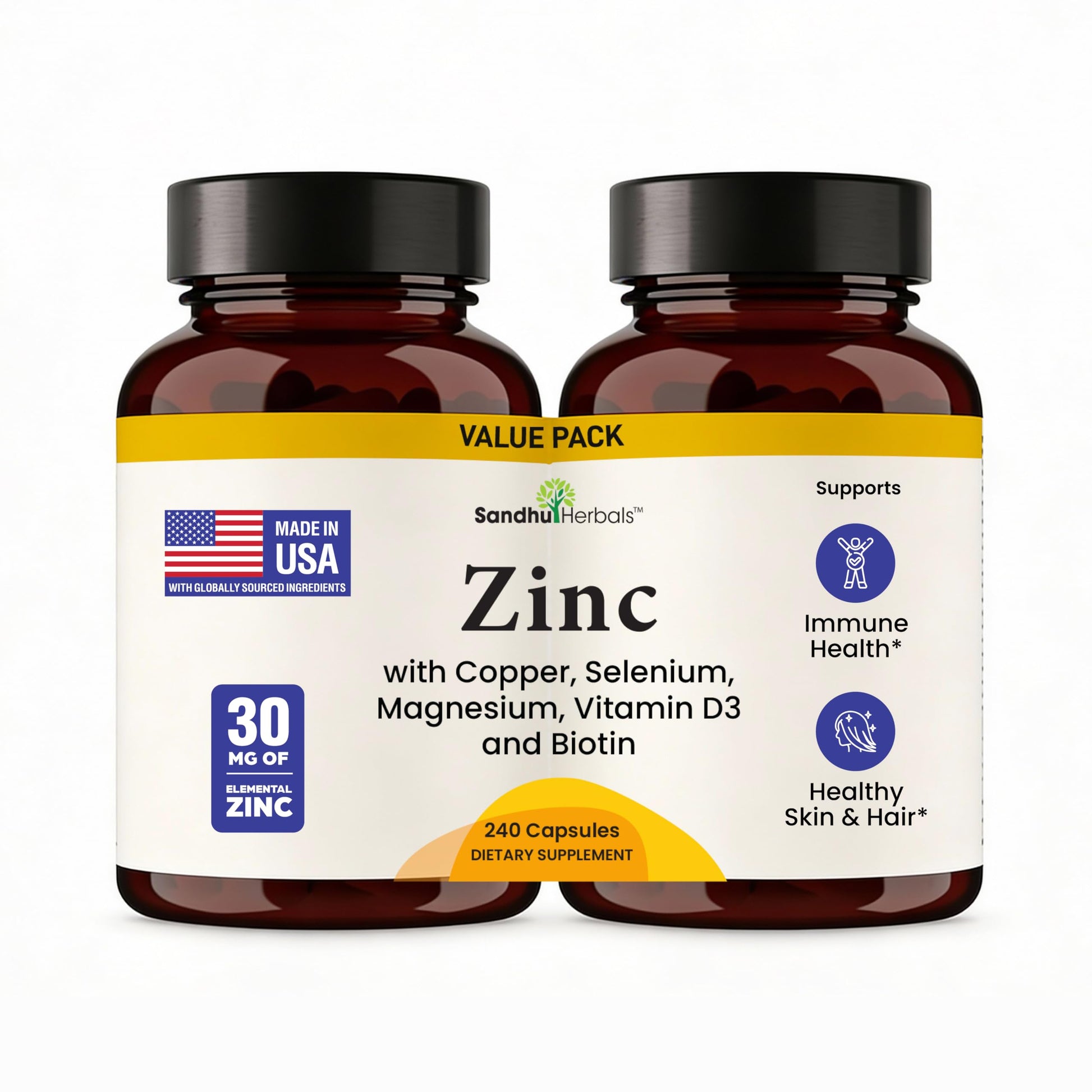 SANDHUHERBALS Zinc 30mg with Copper, Selenium & Vitamin D3 Capsules, 240 Count