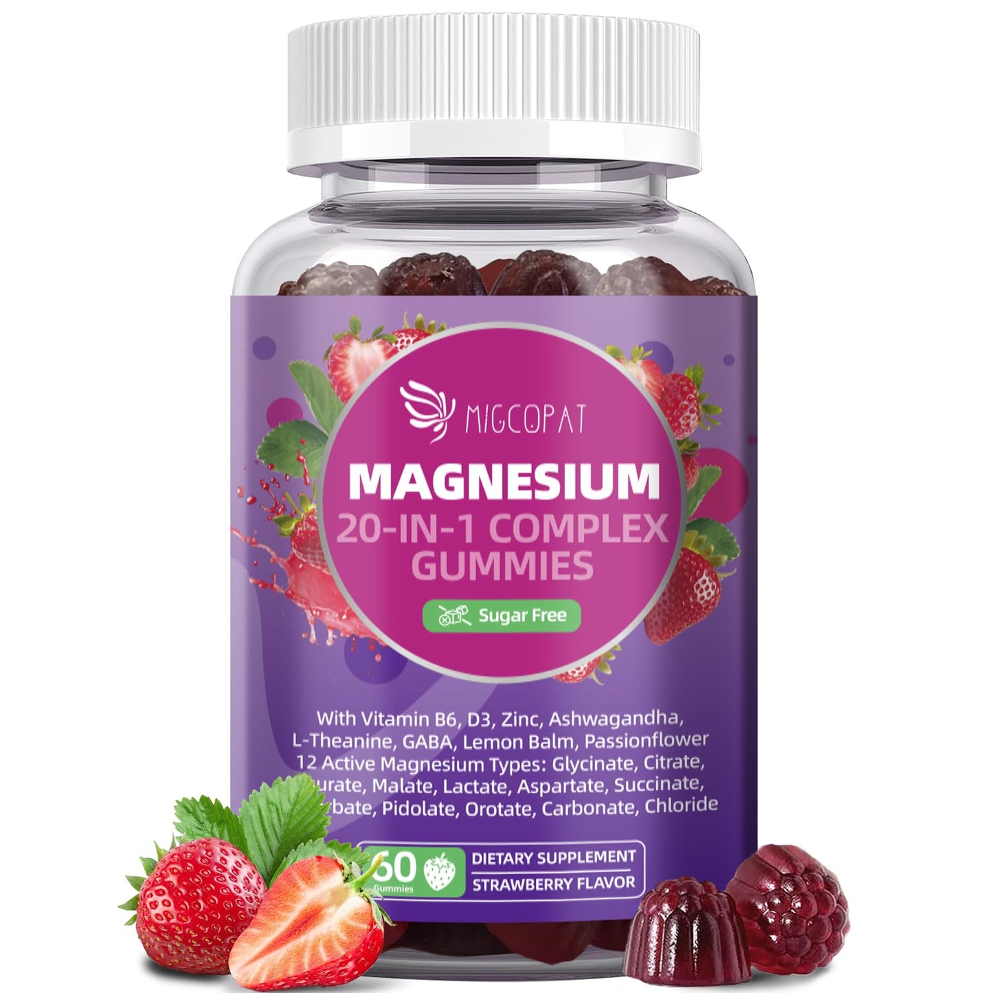 Migcopat Magnesium Complex 20 in 1 Magnesium Gummies with Glycinate Citrate Malate Taurate - Ashwagandha, L-Theanine, D3 & Zinc for Relaxation, Sleep, Muscle & Heart Support, Strawberry, 60 Gummies