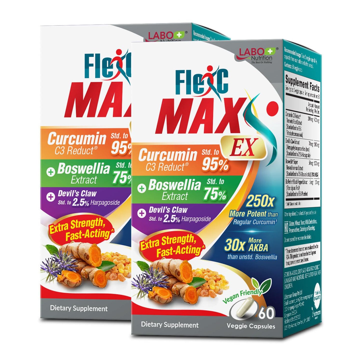 LABO Nutrition FlexC MAX EX with Turmeric Curcumin C3 Reduct 95% Tetrahydrocurcuminoids, Bioperine, Boswellia Extract & Devil’s Claw 120 Capsules