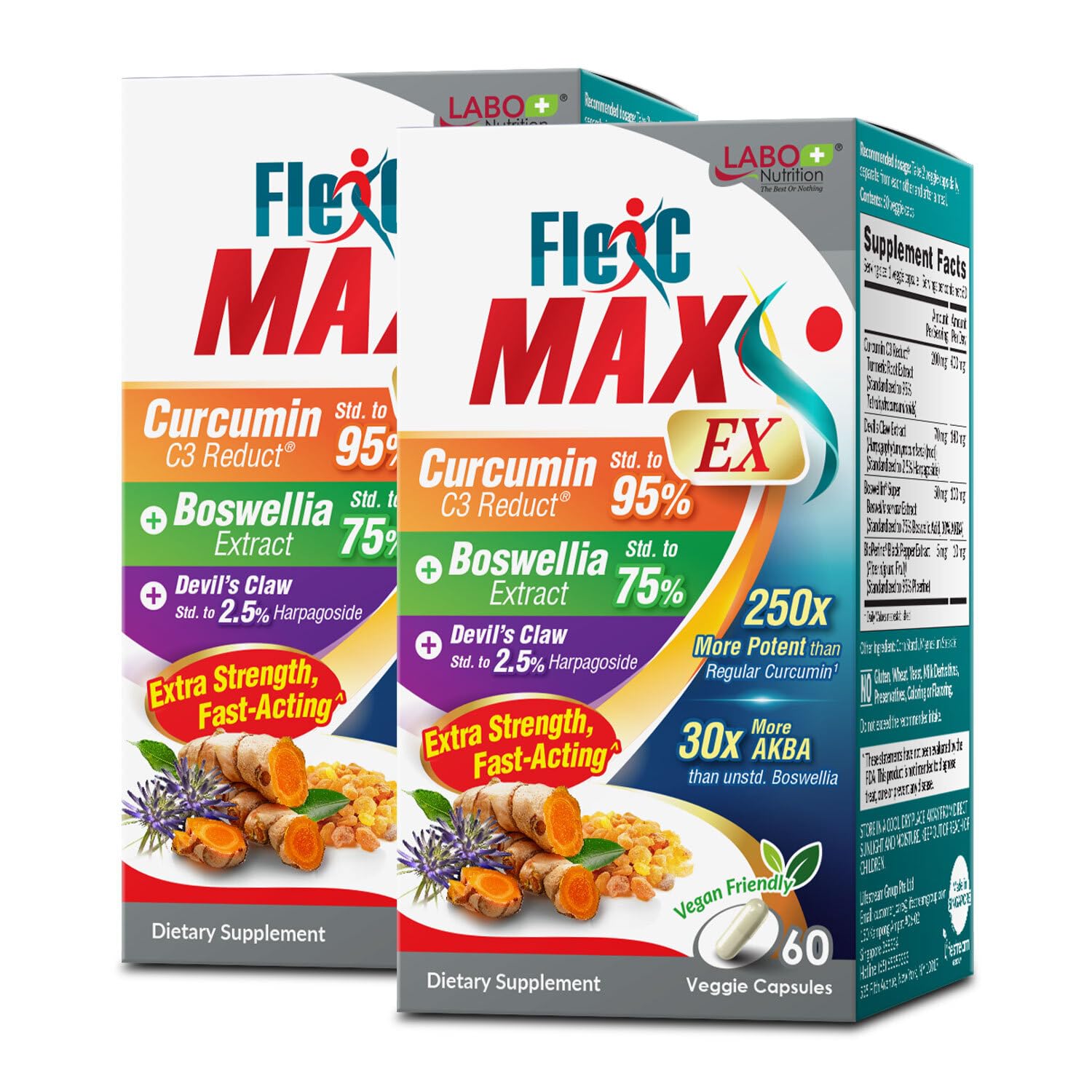 LABO Nutrition FlexC MAX EX with Turmeric Curcumin C3 Reduct 95% Tetrahydrocurcuminoids, Bioperine, Boswellia Extract & Devil’s Claw 120 Capsules