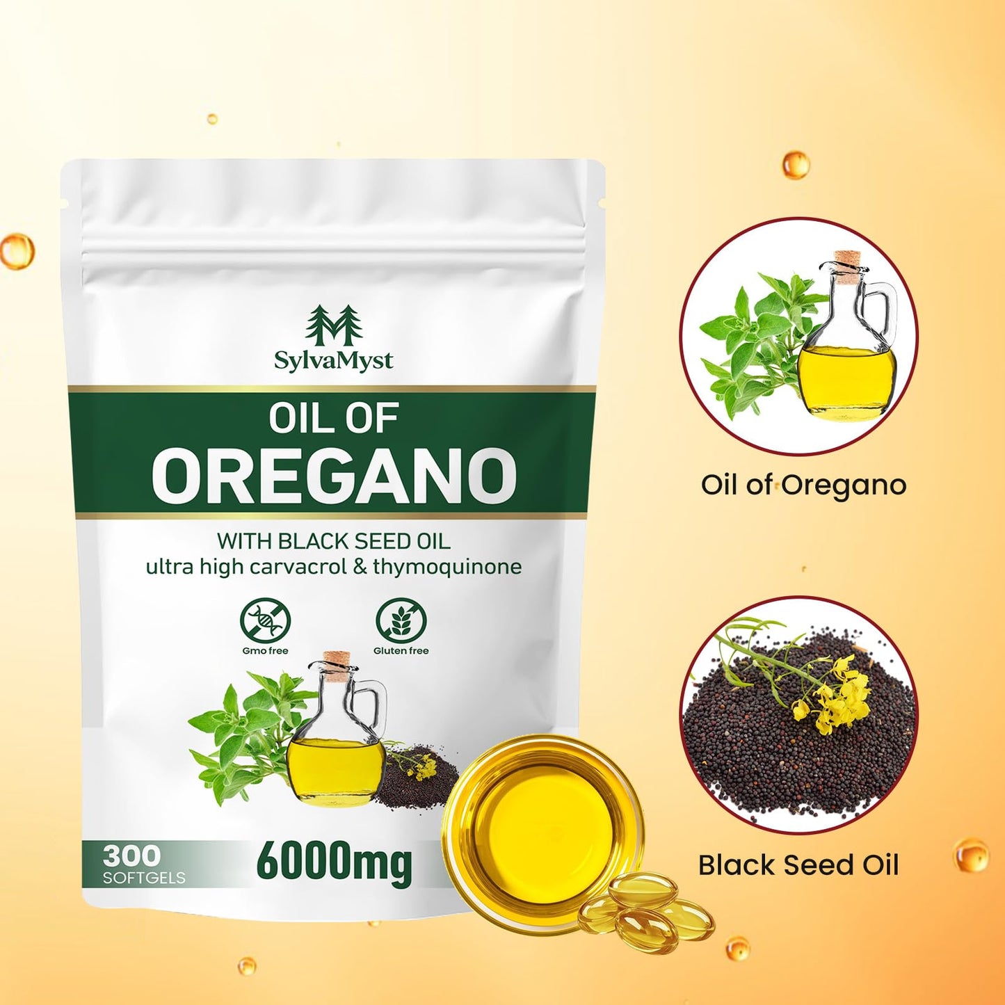 SylvaMyst Organic Oregano & Black Seed Oil Softgels, 300