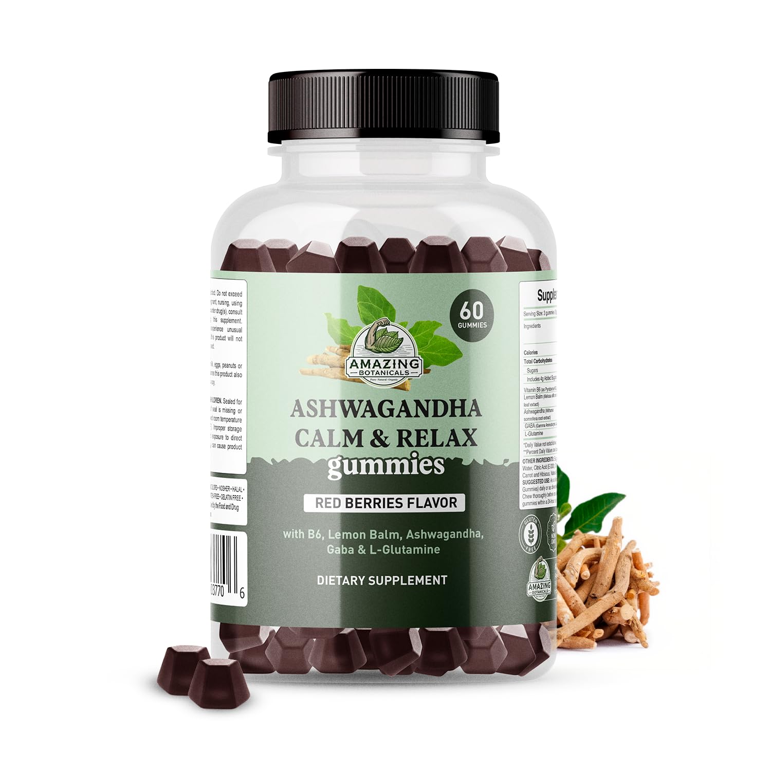Amazing Botanicals Ashwagandha Calm & Relax Gummies with Vitamin B6, Lemon Balm, GABA & L-Glutamine, 60 Gummies