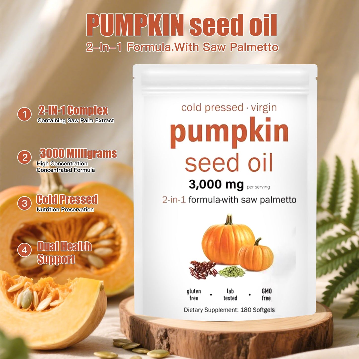 YATIME Pumpkin Seed Oil 2 in 1 with Saw Palmetto, 3000mg Per Serving, 180 Softgels