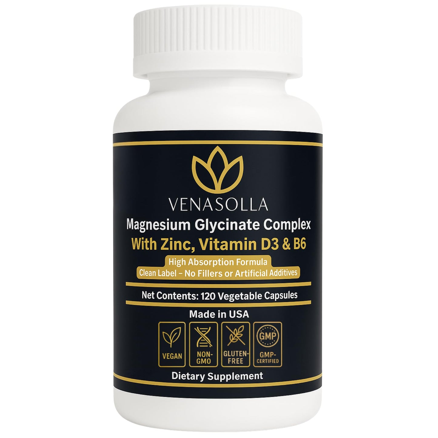 Venasolla Magnesium Glycinate Complex 4-in-1 Chelated Magnesium Bisglycinate (150 mg Elemental) with Zinc Picolinate, Vitamin D3 & B6 Capsules 120