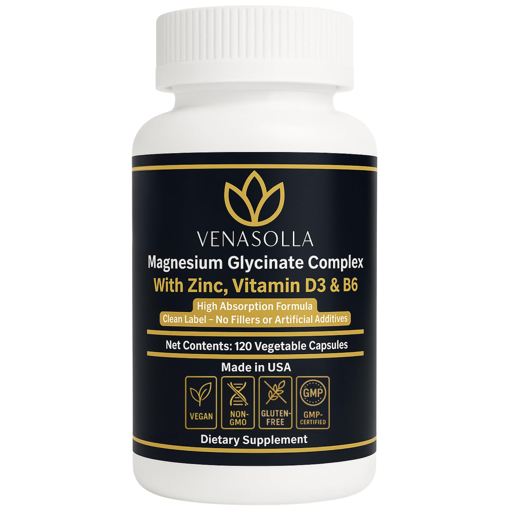 Venasolla Magnesium Glycinate Complex 4-in-1 Chelated Magnesium Bisglycinate (150 mg Elemental) with Zinc Picolinate, Vitamin D3 & B6 Capsules 120