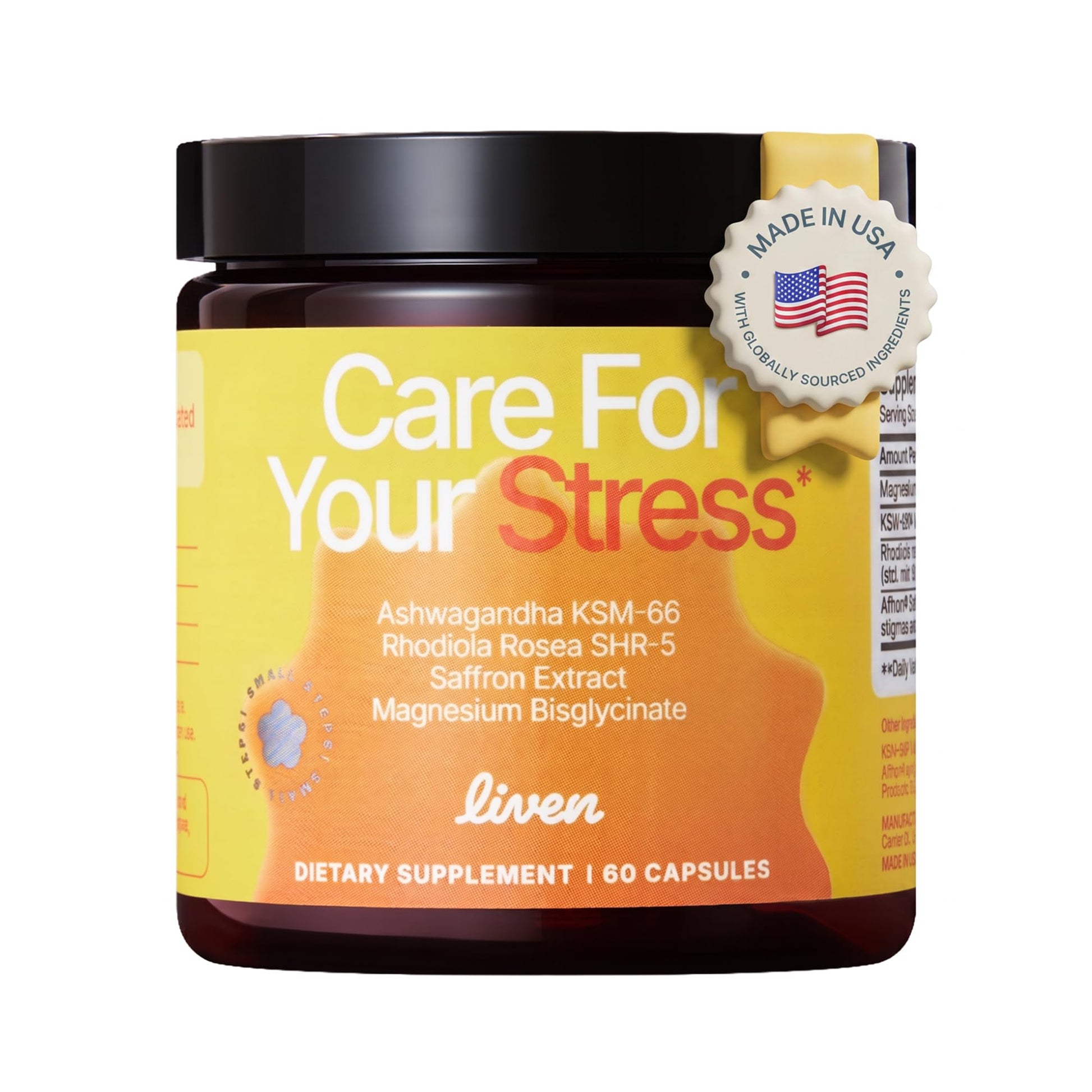 LIVEN SUPPLEMENTS Care for your Stress - KSM-66, Rhodiola Rosea, Magnesium & Saffron Extract – Daily Balance & Focus Support Capsules 60 Count