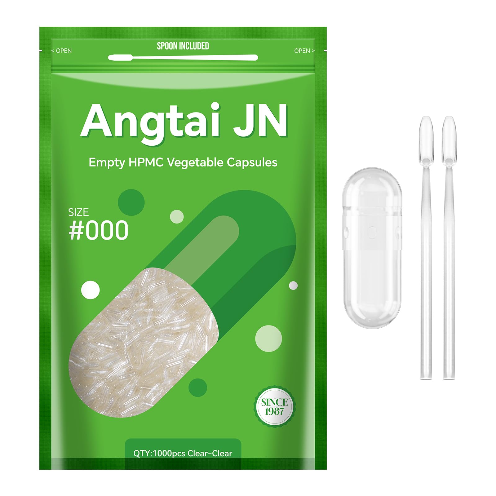 Angtai JN Empty Capsule Kit - Size 000, Vegan Plant-Based Clear Capsules, 1000 Count