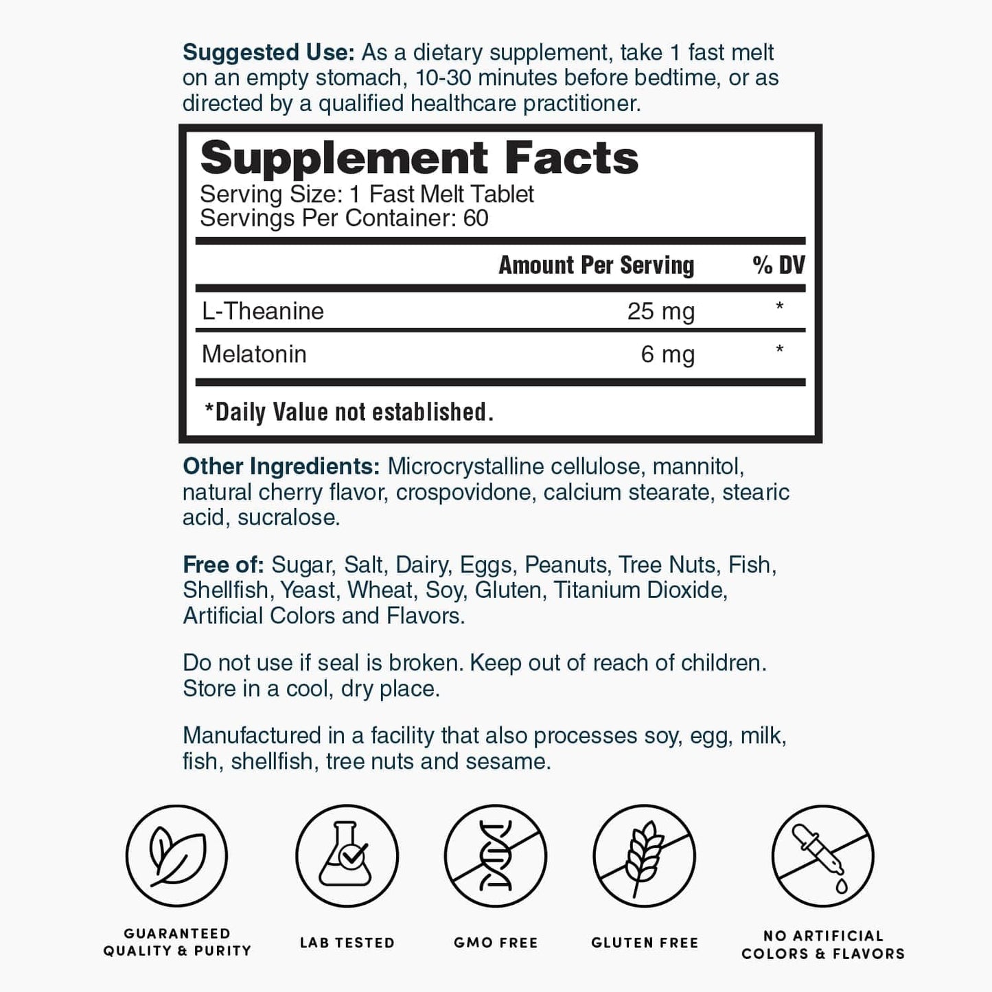 Nature's Lab Fast Melt Melatonin Tablets - 25 mg L-Theanine + 6 mg Melatonin, 60 Count