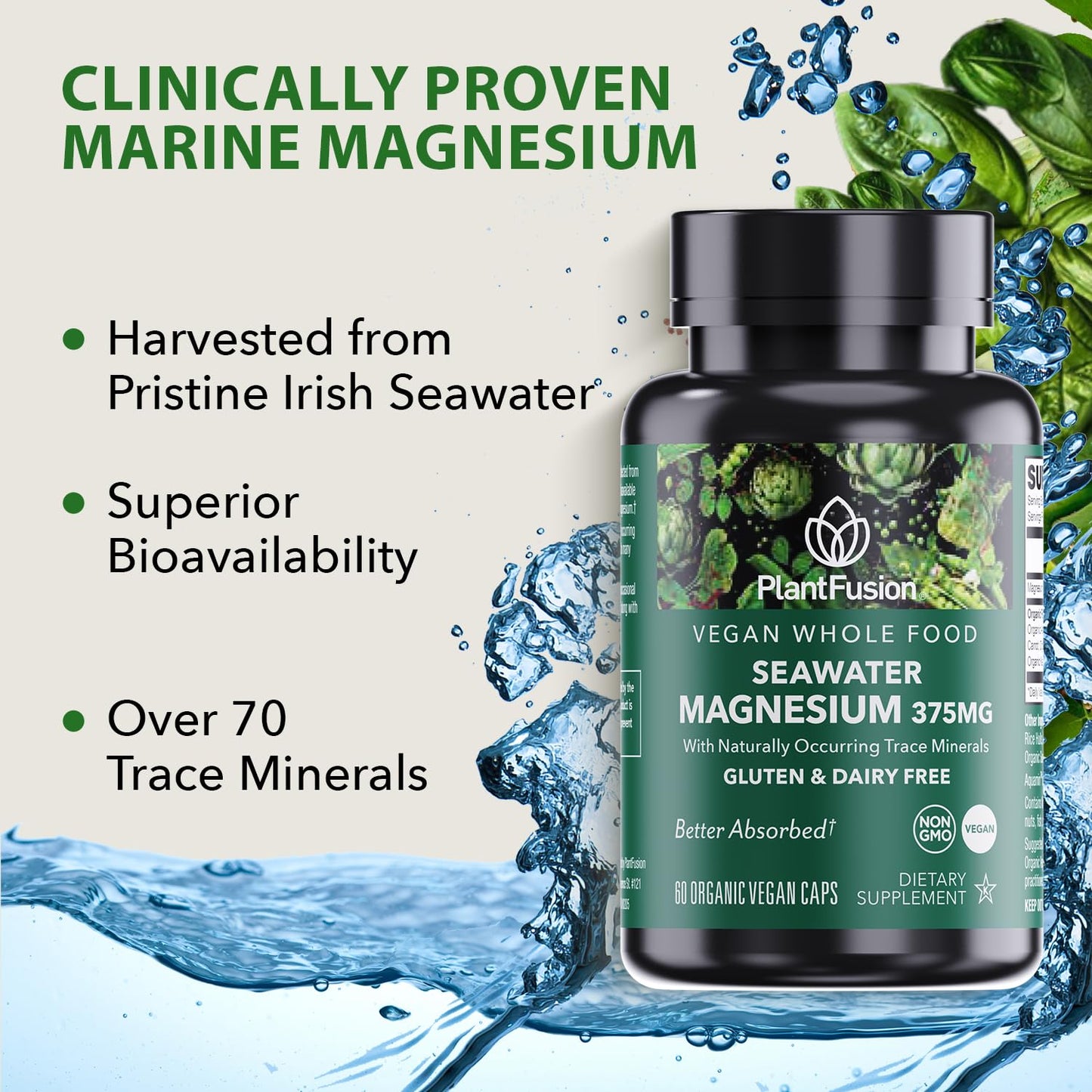 PlantFusion Vegan Magnesium Complex 375mg from Sea Water, Bioavailable Marine Magnesium with Fermented Organic Whole Food Blend, Non-GMO, Muscle & Relaxation Support, 120 Capsules