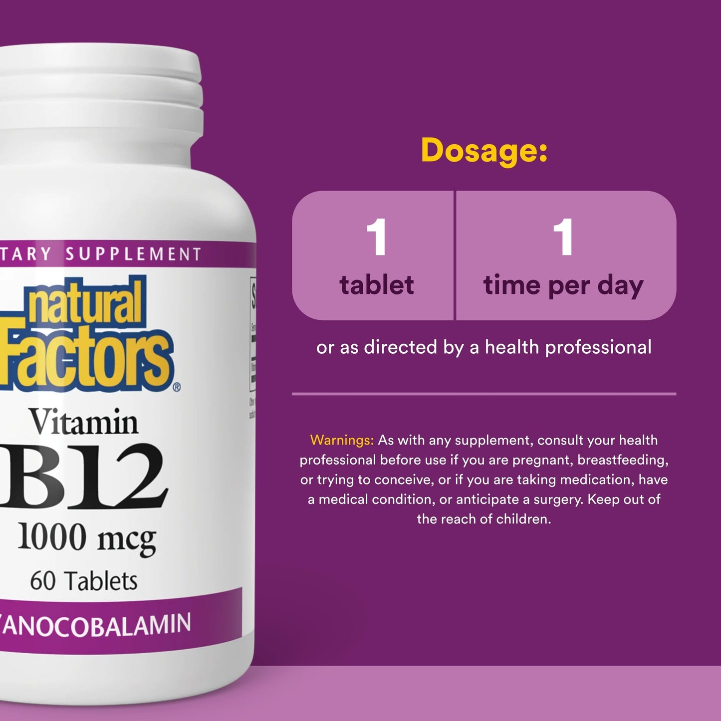 Natural Factors Vitamin B12 Cyanocobalamin 1000 mcg Tablets 60
