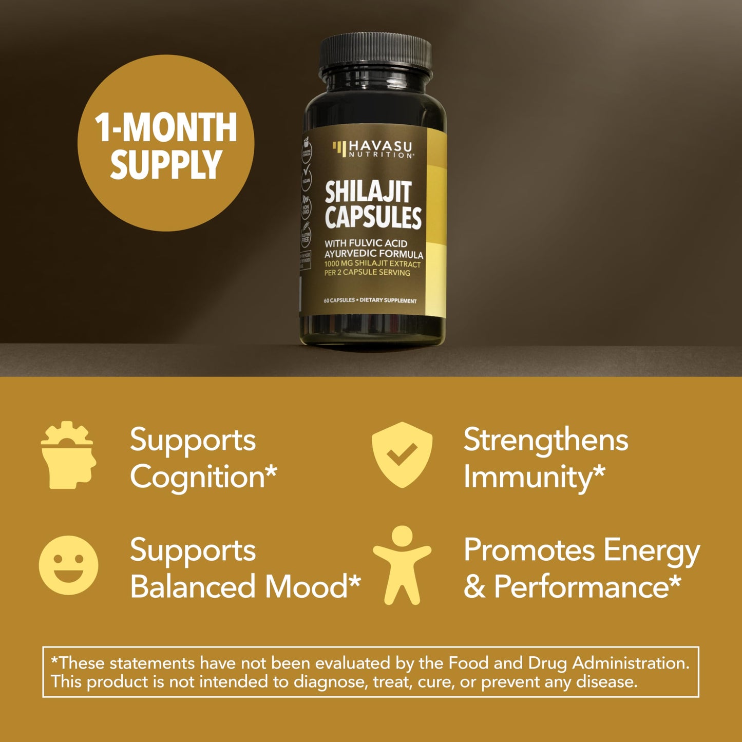 HAVASU NUTRITION Shilajit Capsules 1000mg Shilajit Extract (Standardized to 20% Fulvic Acid) - 60 Count