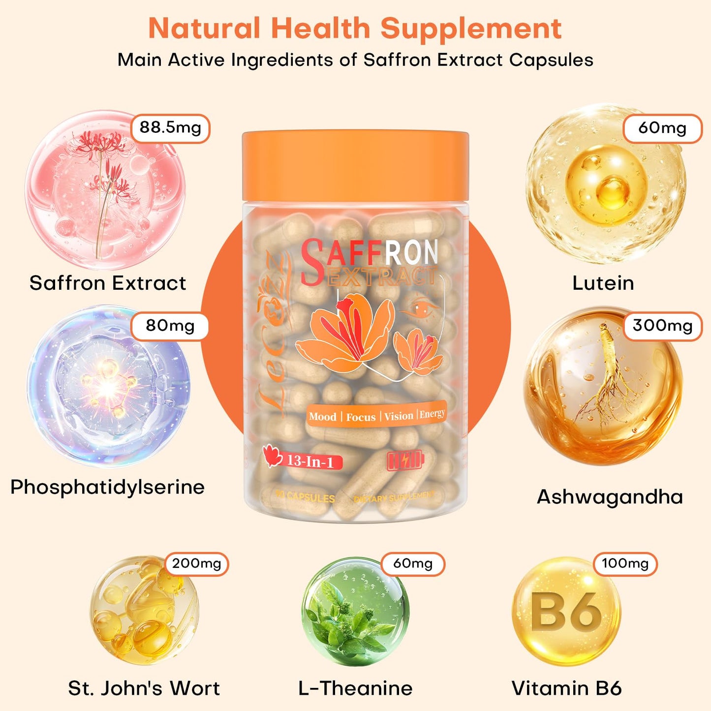 LeCozz Saffron Extract Capsules with Ashwagandha, Supports Mood Balance, Mental Focus, Energy & Vision, Non-GMO, 90 Capsules