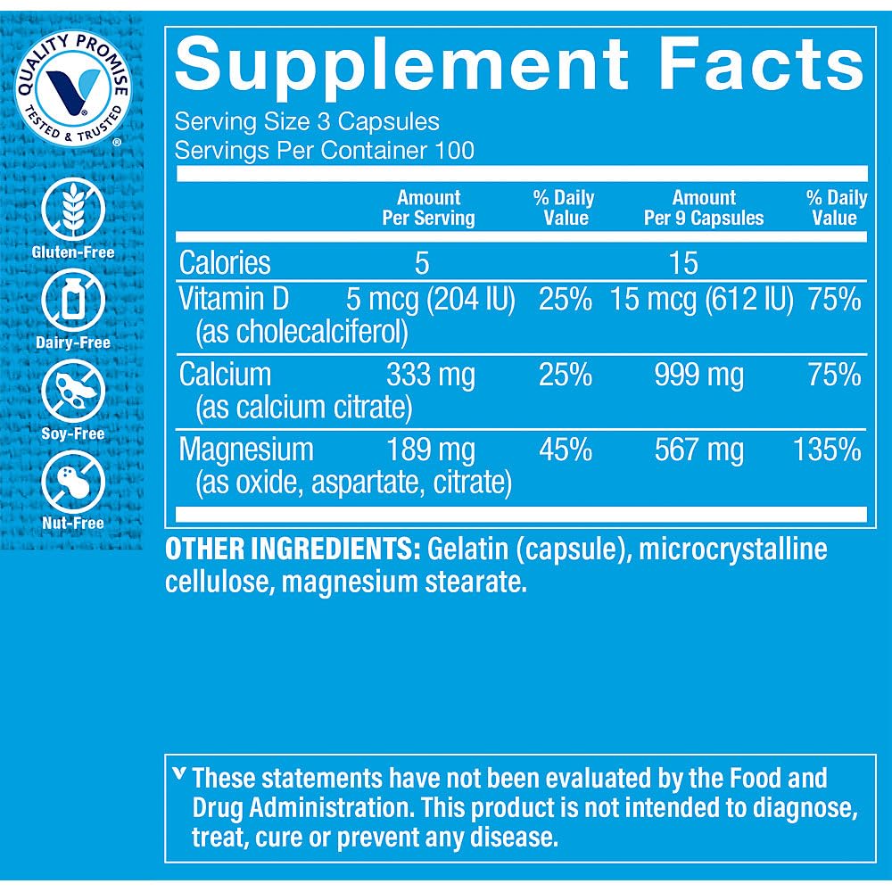 The Vitamin Shoppe Calcium Citrate+Magnesium&Vitamin D, Multi-Mineral Bone Health Supplement, Vitamin D Aids Absorption, Calcium 999mg, Magnesium 567mg, Vitamin D 612IU per Daily dose Capsules 1