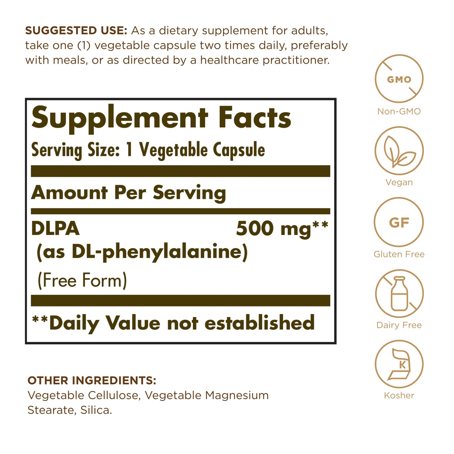 Solgar DLPA 500 mg DL-Phenylalanine Vegetable Capsule, 100 Count