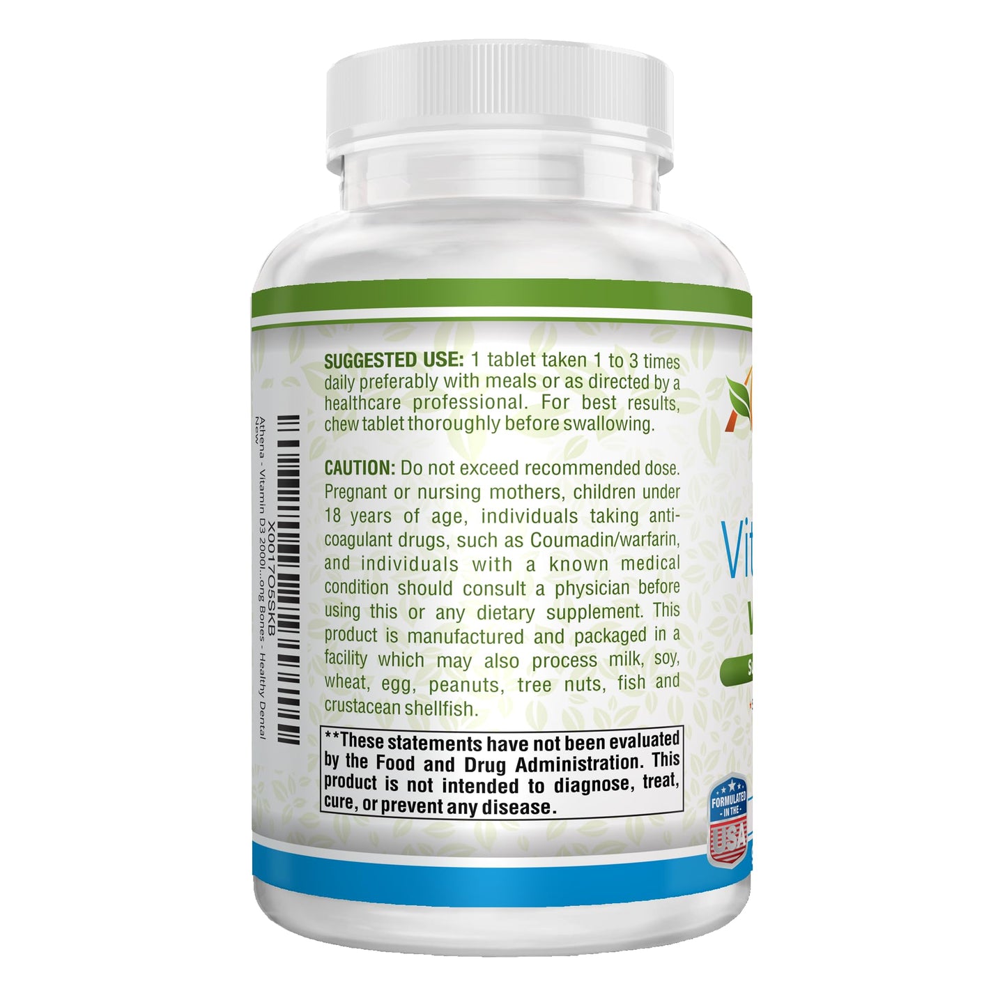 Athena Natural Wellness Vitamin D3 2000IU with K2 (MK7) Chewable Tablets, 90 Tablets