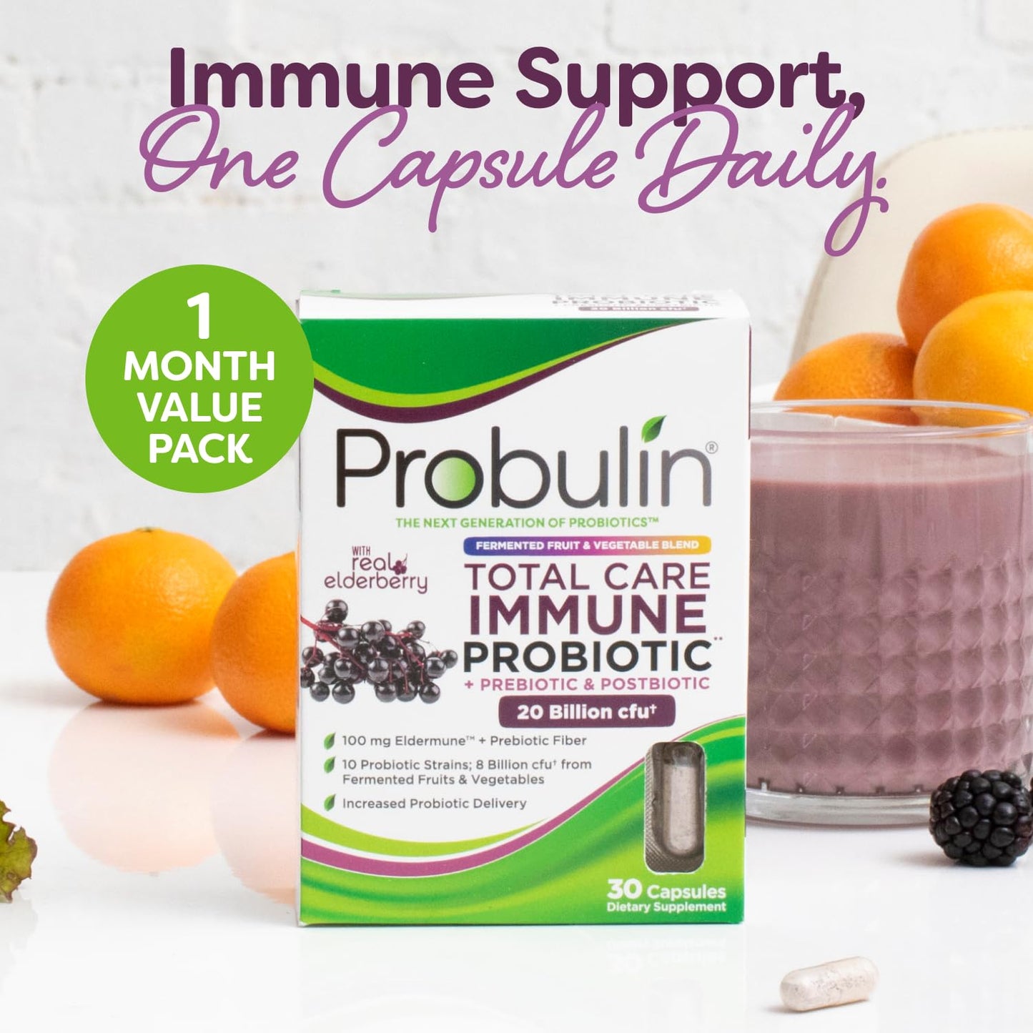 Probulin Total Care Immune = Prebiotics + Probiotics + Postbiotics + Elderberry to Support Immune & Gut Health Capsules, 30 Count