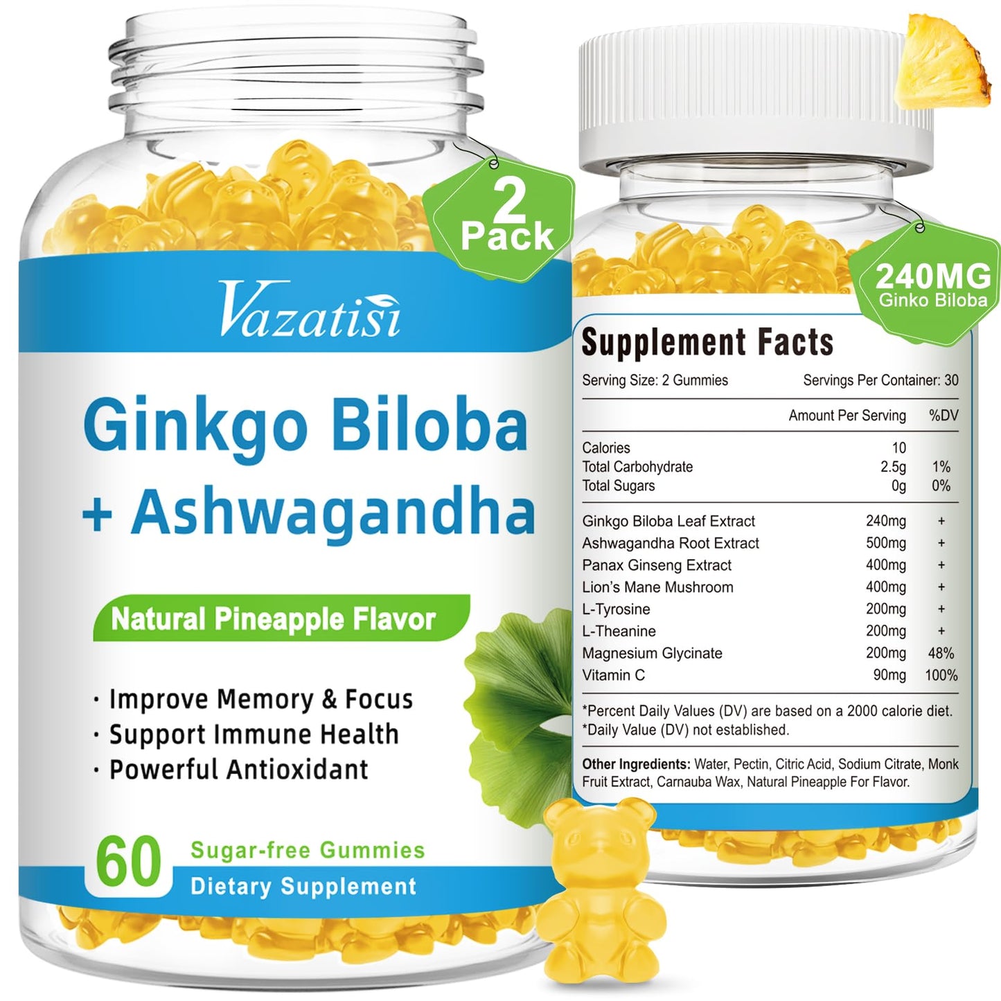 Vazatisi Ginkgo Biloba Gummies 240mg, 120 Count