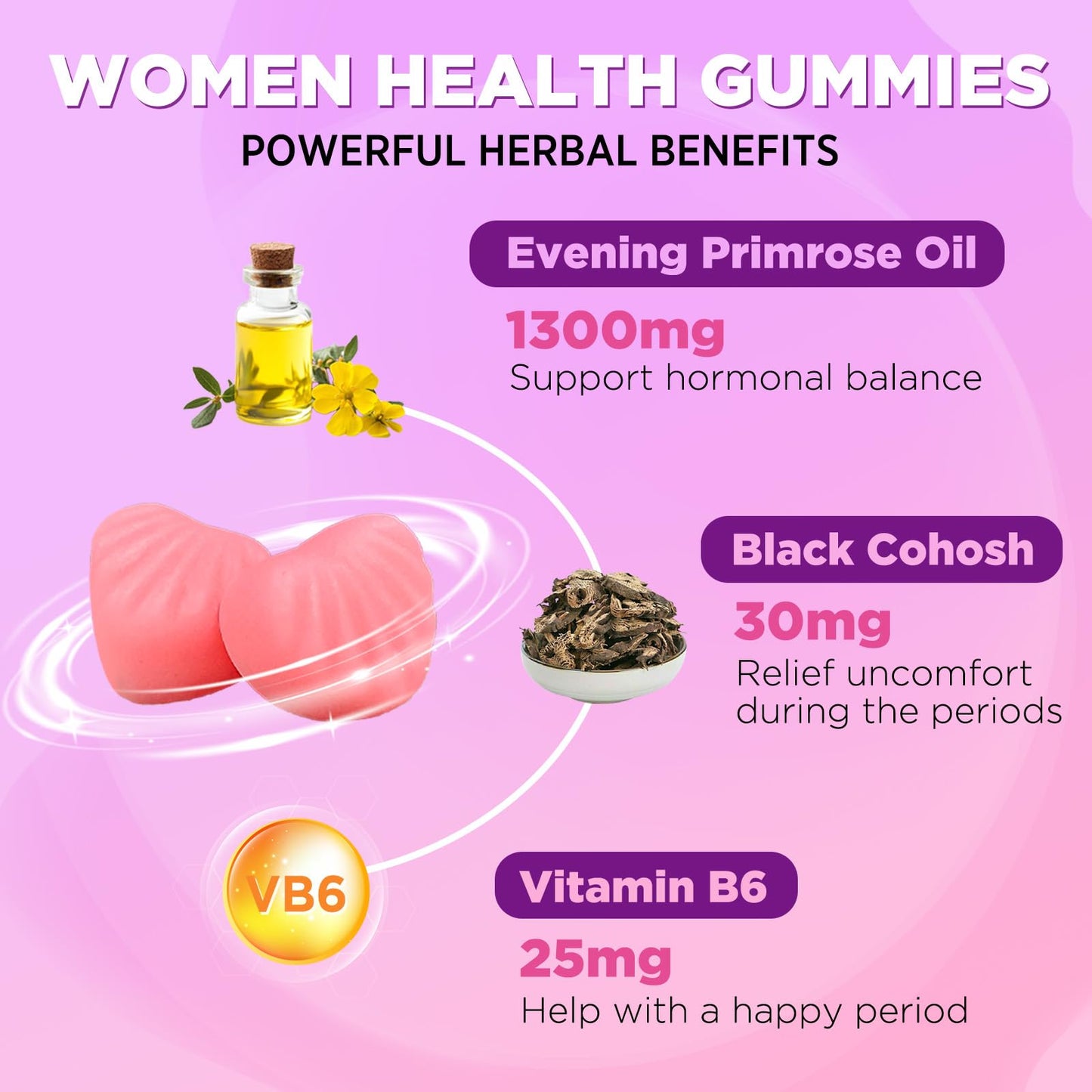 GREABBY Evening Primrose Oil Gummies 1300mg with Black Cohosh & Vitamin B6, 120 Gummies