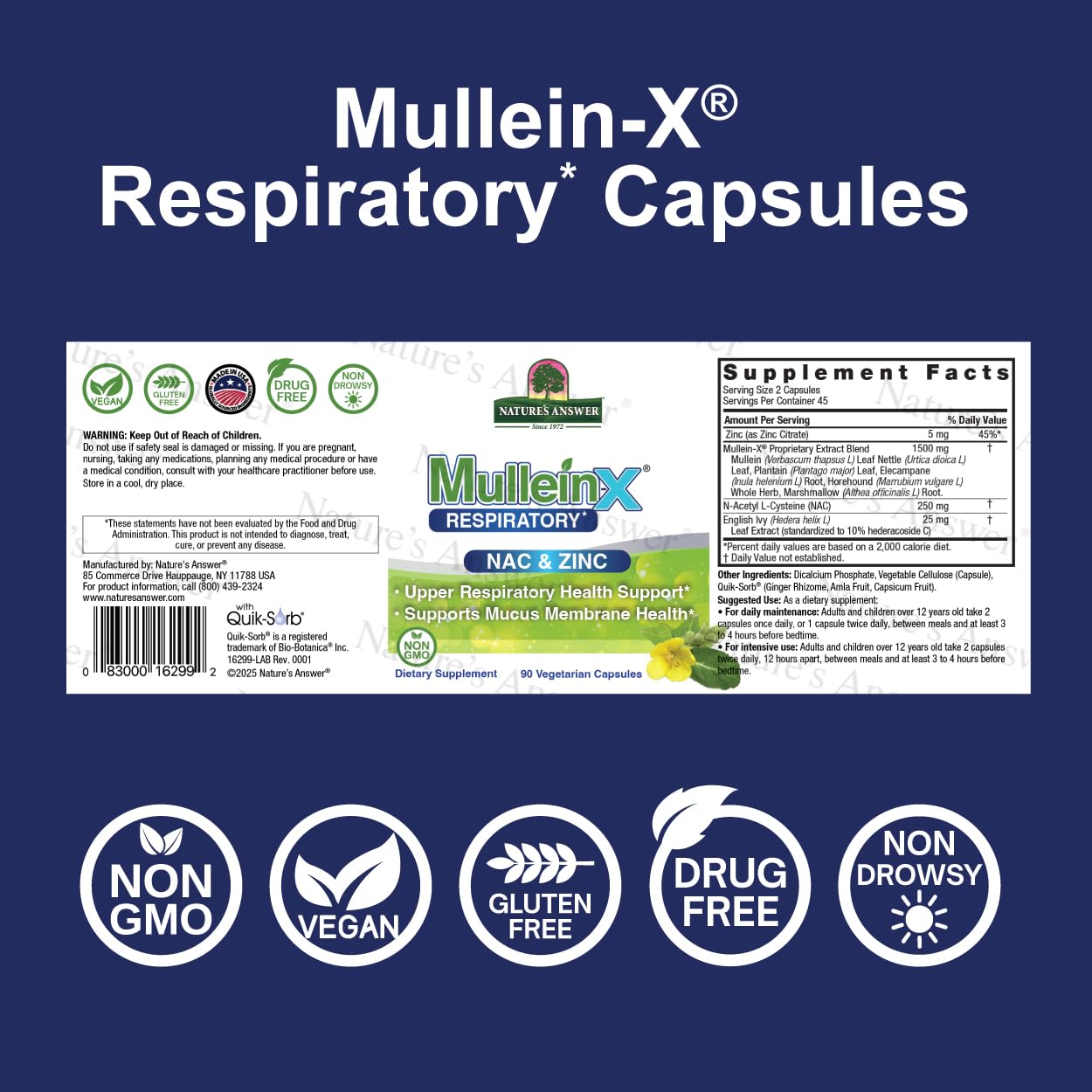 Nature's Answer MulleinX Respiratory, NAC & Zinc 90 Capsules