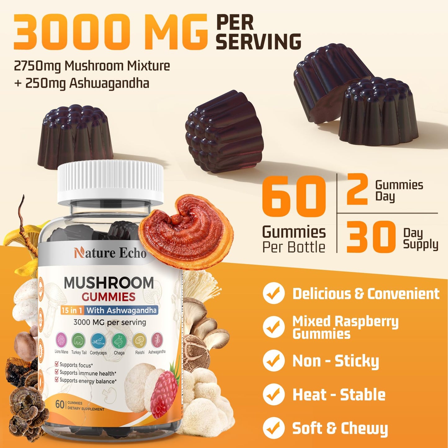 Nature Echo 15 in 1 Mushroom Complex & Ashwagandha Gummies 60 Count