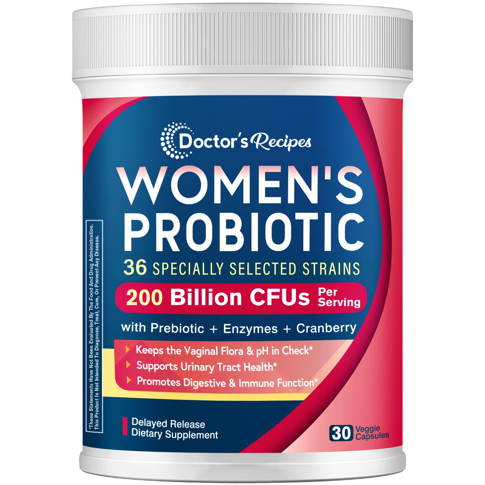 Doctor's Recipes Probiotics for Women, 200B CFUs, 36 Strains, with Prebiotics, Enzymes & Cranberry, Vaginal Urinary Digestive & Immune, Shelf Stable, 60 Capsules