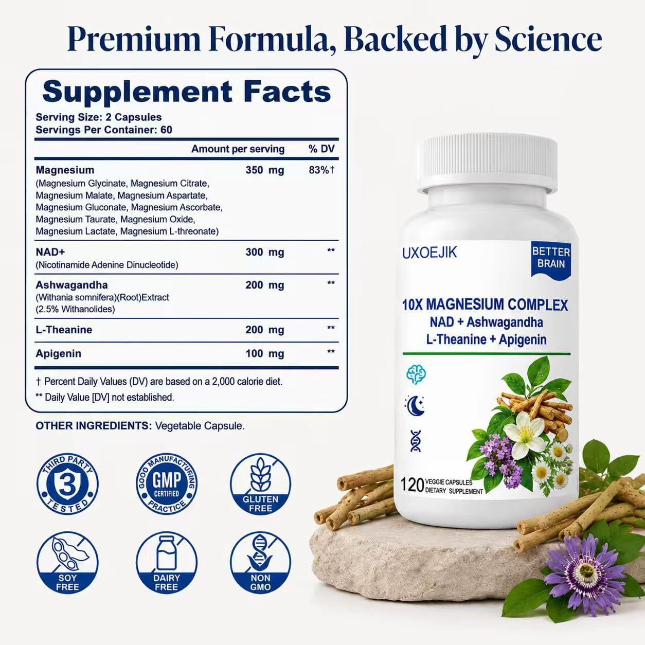 UXOEJIK Magnesium Complex Supplement with Apigenin, NAD+ & L-Theanine for Sleep Support, 10-in-1 Formula, Magnesium Glycinate, Malate, Citrate, Oxide, Aspartate for Memory & Cognitive Support 120 Capsules