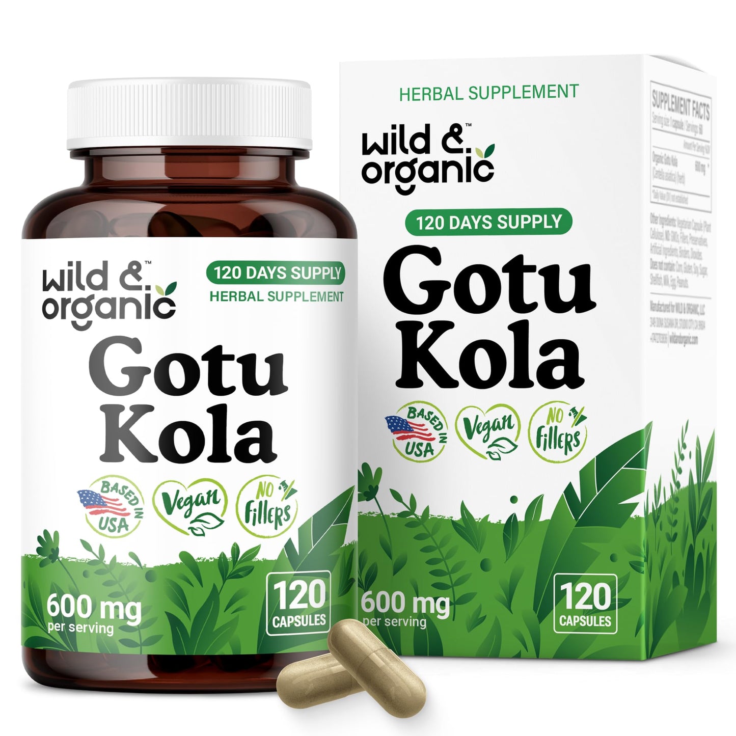 Wild & Organic Gotu Kola Capsules 600 mg, 120 Count