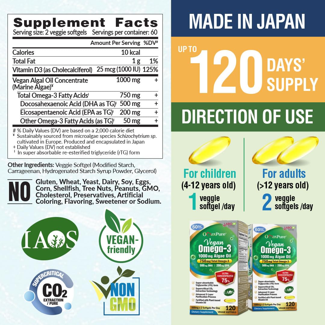 LABO Nutrition OmaxPure Vegan Omega-3 Algae Oil 750mg — Plant-Based EPA & DHA Omega-3 Supplement for Heart, Brain & Eye Health Softgels 120