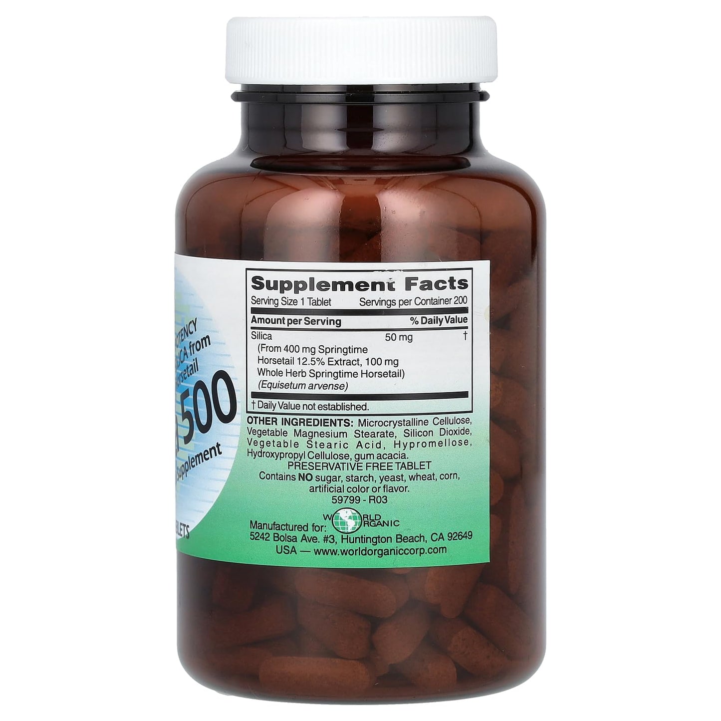 World Organic Silica 500mg Tablets, 200 Count