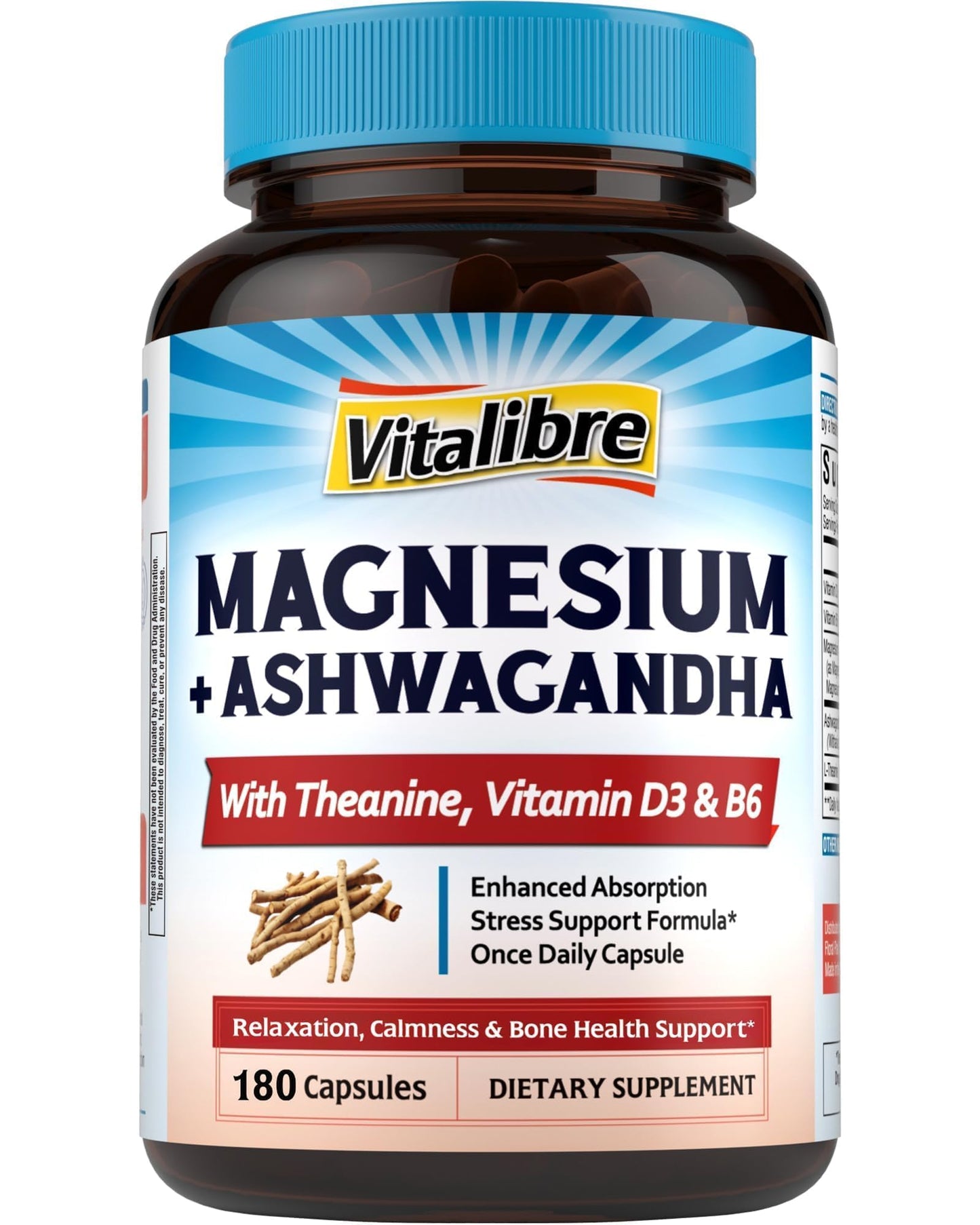 Vitalibre Magnesium Complex with Ashwagandha, L-Theanine & Vitamin D3, B6, 180 Capsules