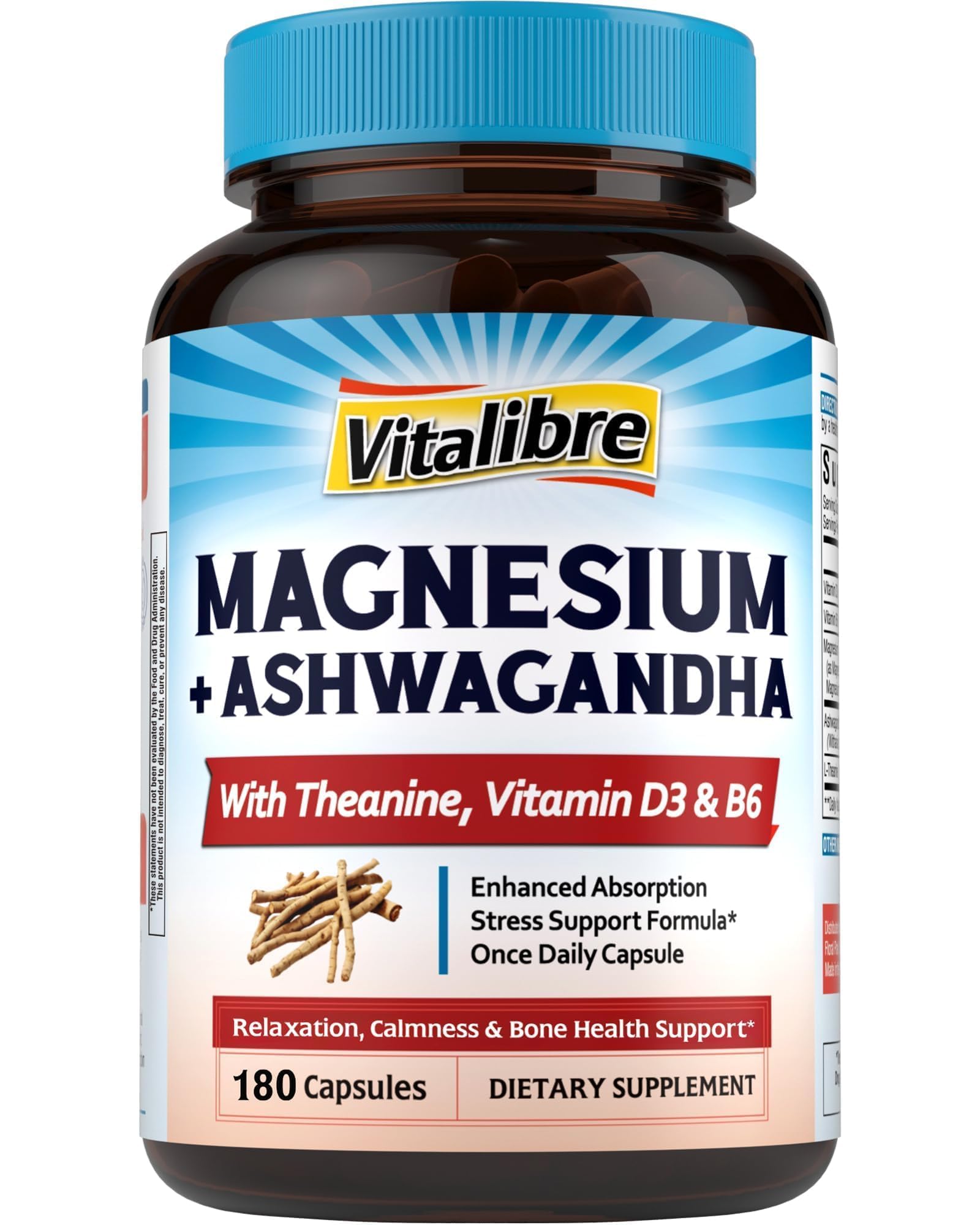Vitalibre Magnesium Complex with Ashwagandha, L-Theanine & Vitamin D3, B6, 180 Capsules