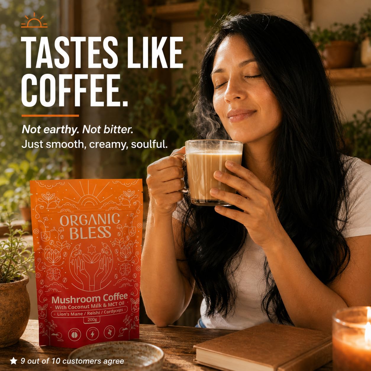 Organic Bless Mushroom Coffee Instant Powder with Organic Lion's Mane, Reishi & Cordyceps, Coconut Milk & MCT Oil, 7.05 oz