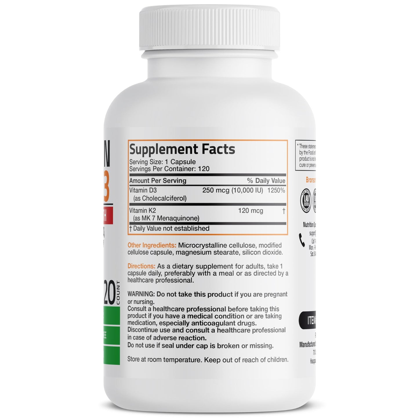 Bronson Vitamin K2 (MK-7) with D3 Extra Strength Capsule, 120 Count