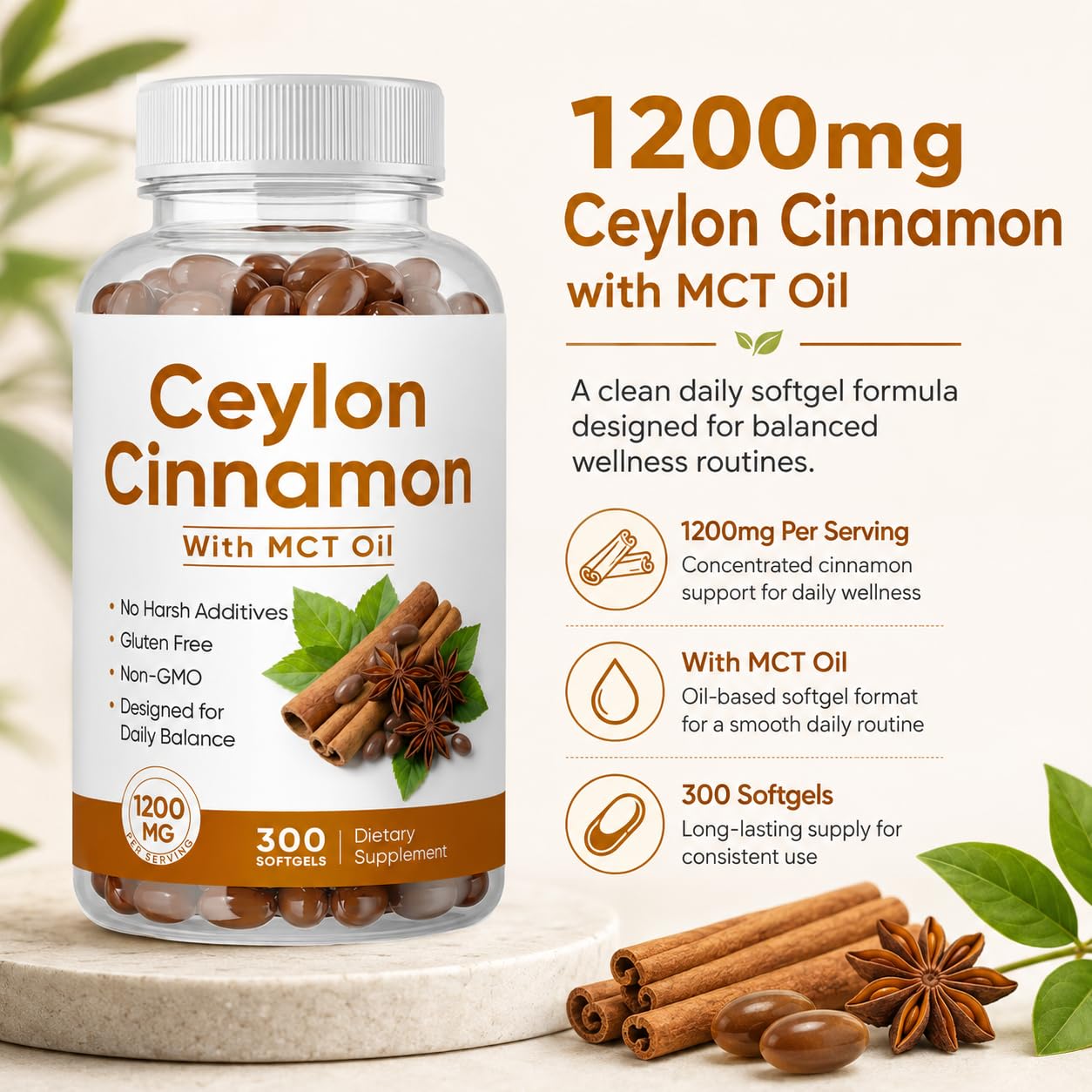 NUDENTA Ceylon Cinnamon Supplement with MCT Oil 1200mg Per Serving Softgels 300 Count