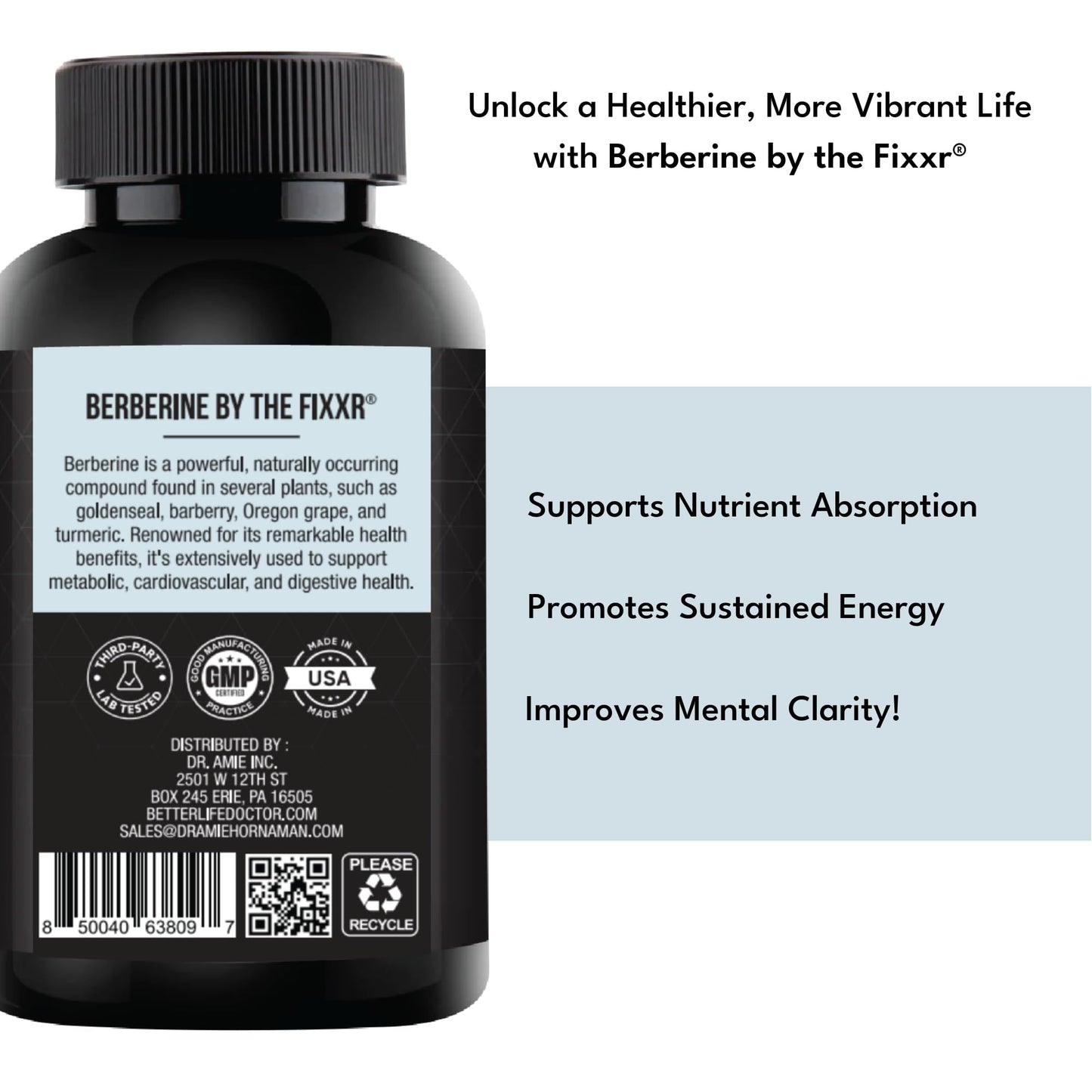Fixxr Berberine HCI by Dr. Amie 1200 mg Berberine per Serving Capsule 60 Count