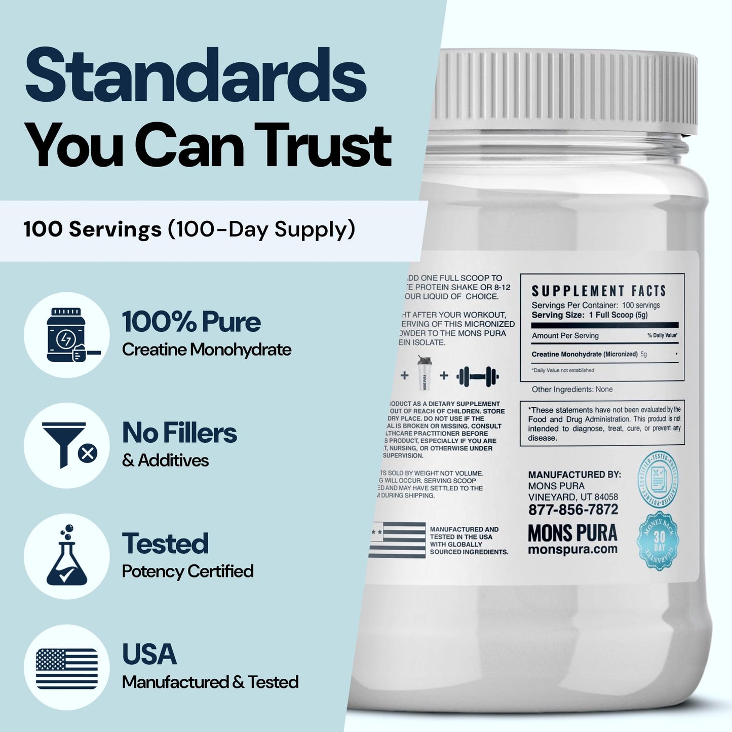 Mons Pura 100% Pure Micronized Creatine Monohydrate Powder, 1.1 Pound, 100 Servings (5g Per Serving)