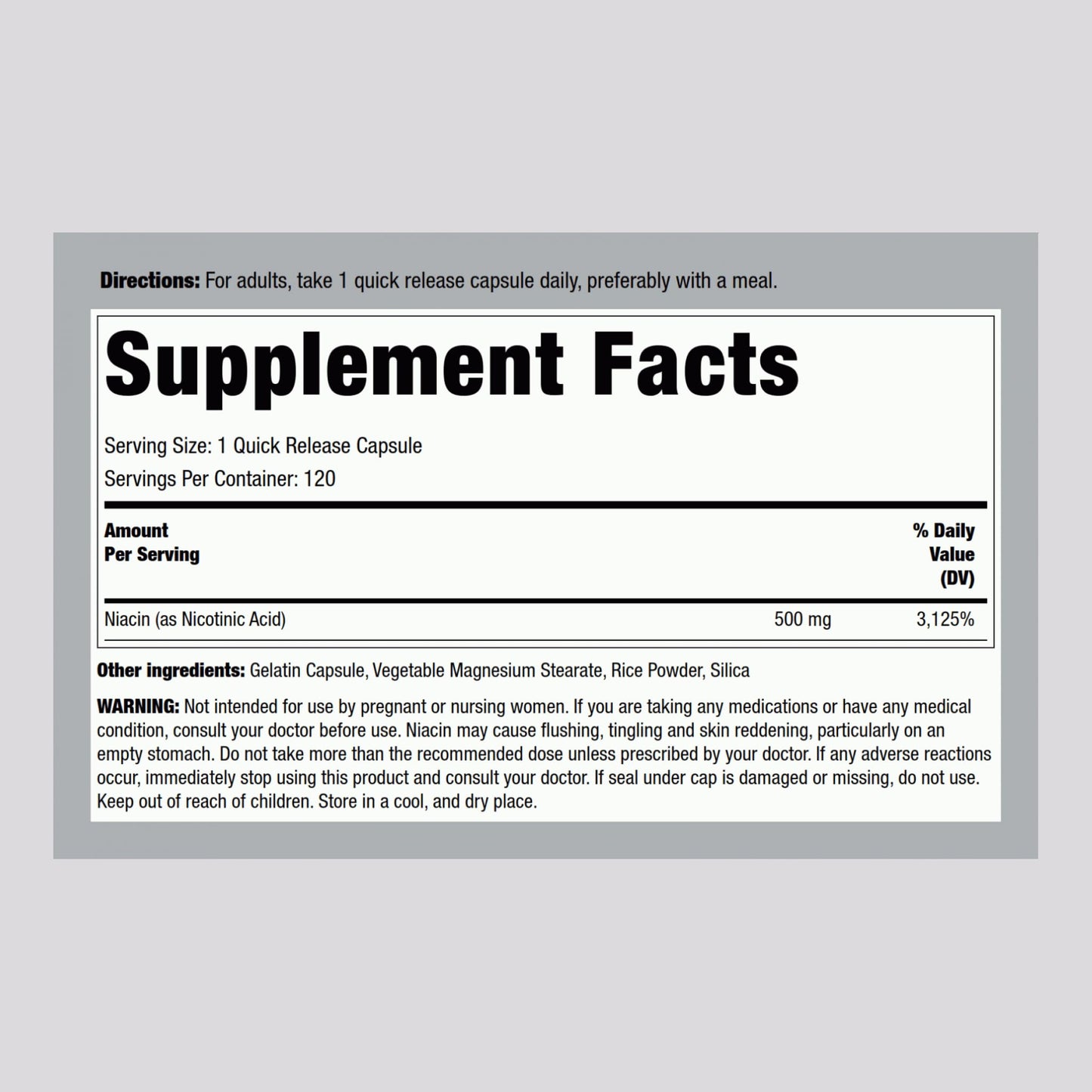 Piping Rock Niacin 500mg, 120 Capsules
