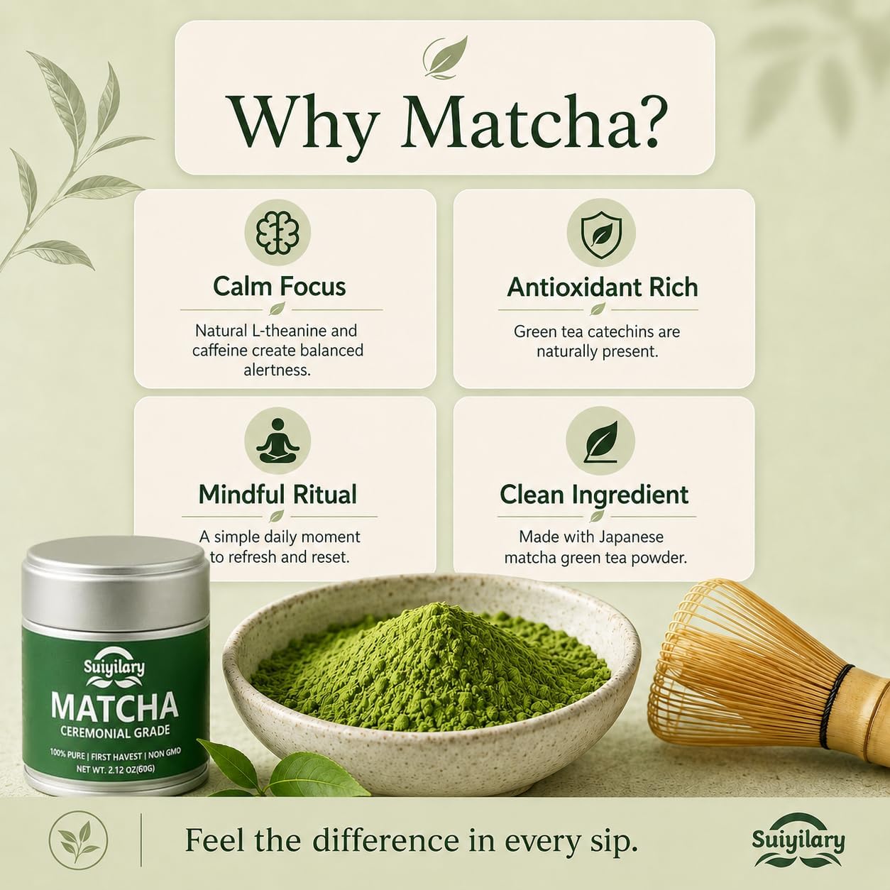 Suiyilary Ceremonial Grade Matcha Powder, 2.12 oz