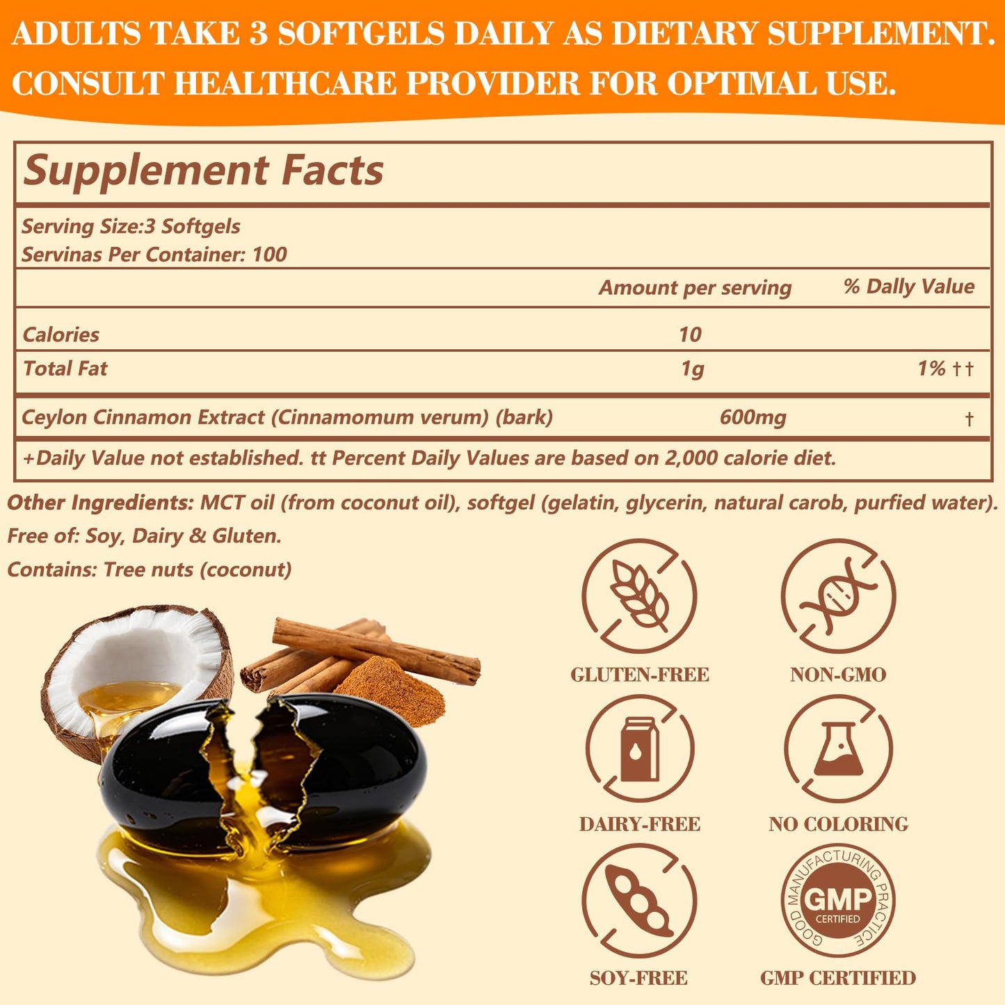 VitaCoeur Ceylon Cinnamon Softgels with MCT Oil 300 Softgels