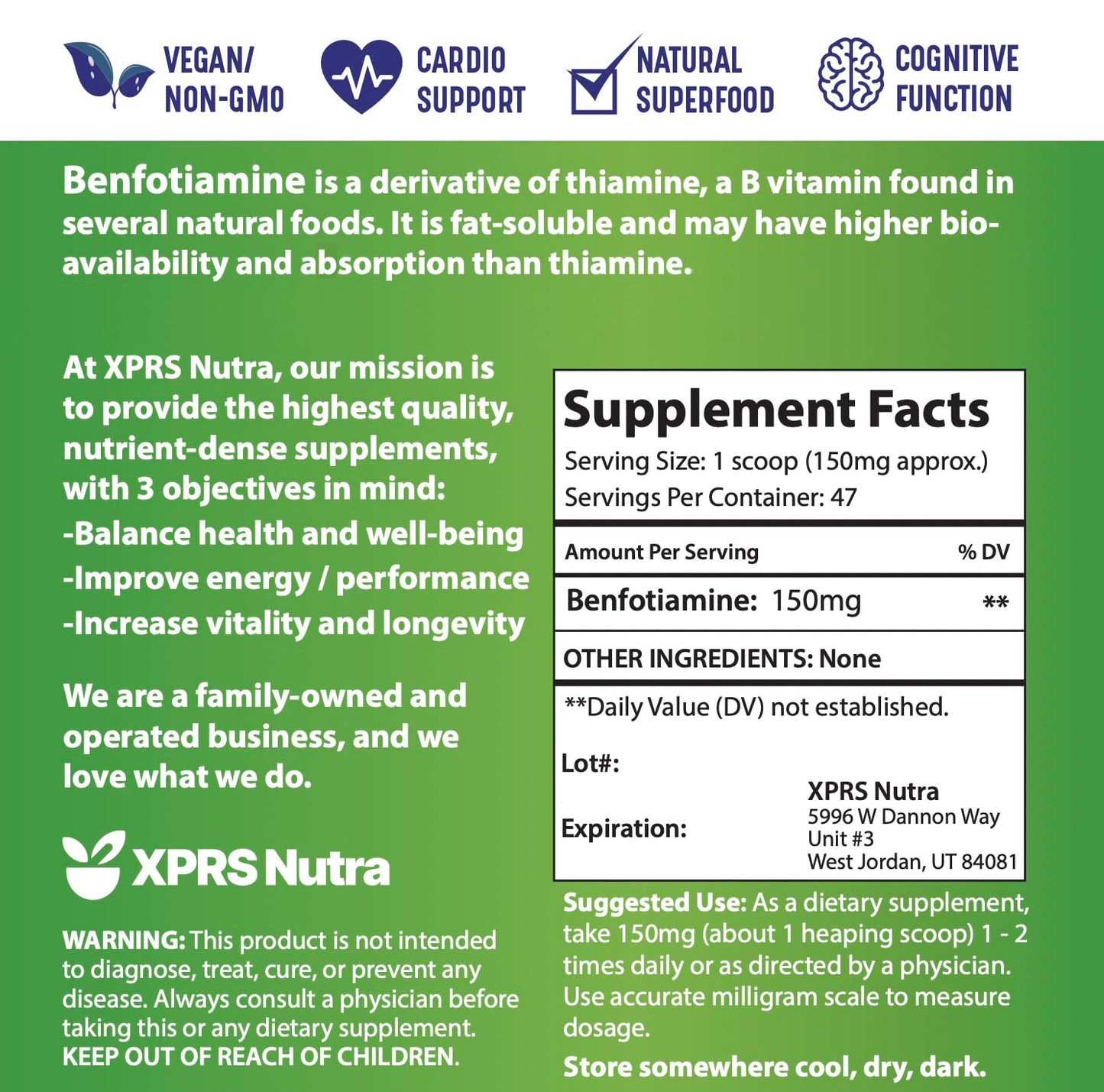 XPRS Nutra Benfotiamine Powder (Thiamine) 0.25 Ounce