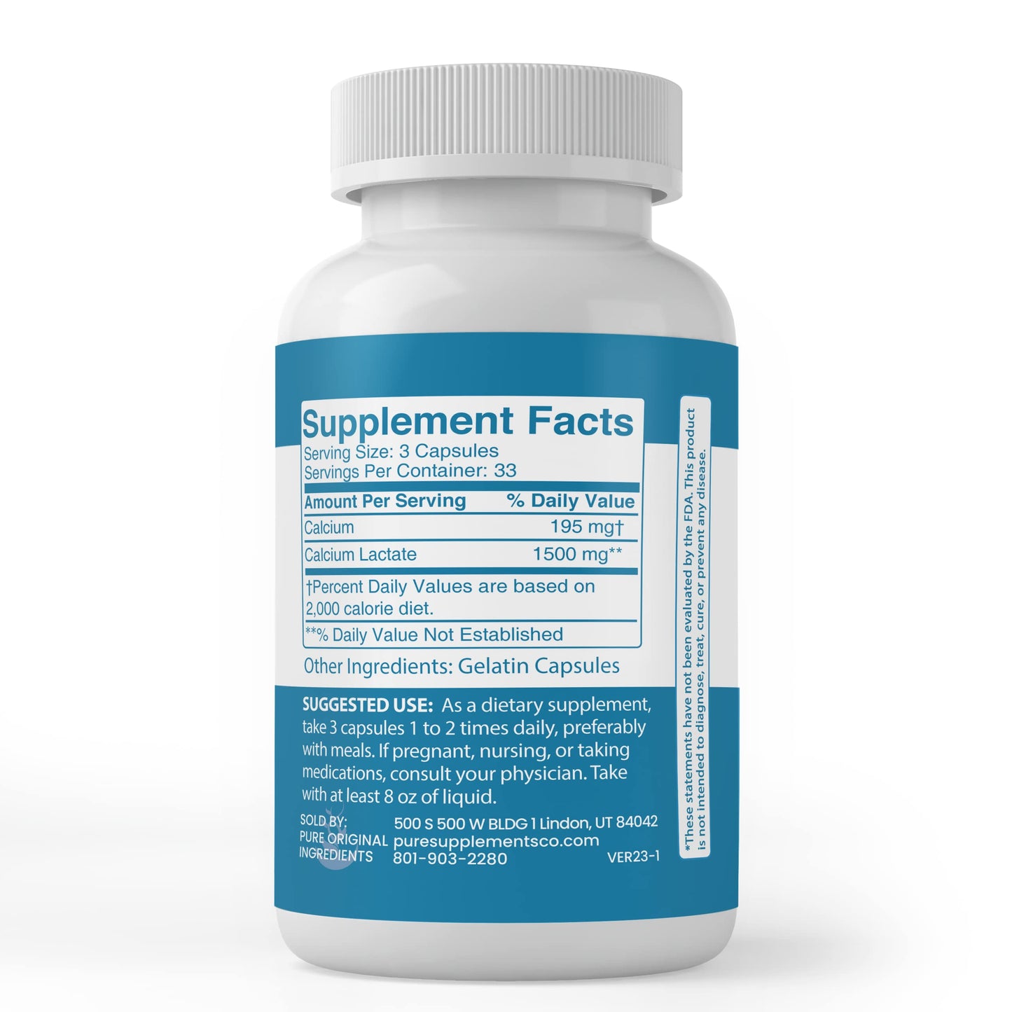 PURE ORIGINAL INGREDIENTS Calcium Lactate Capsules 100 Count