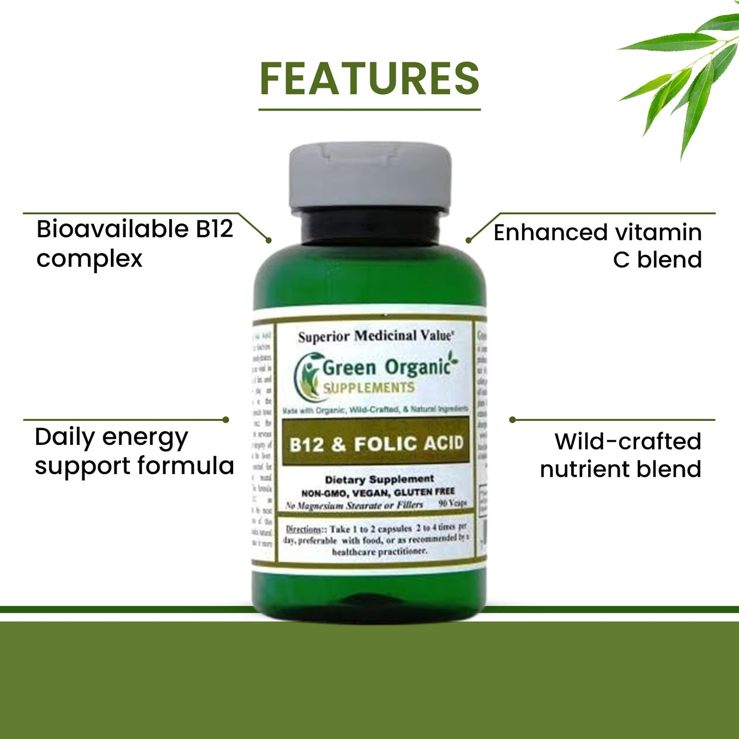 Green Organic Supplements Vitamin B12 & Folic Acid 1000mcg Capsules 90