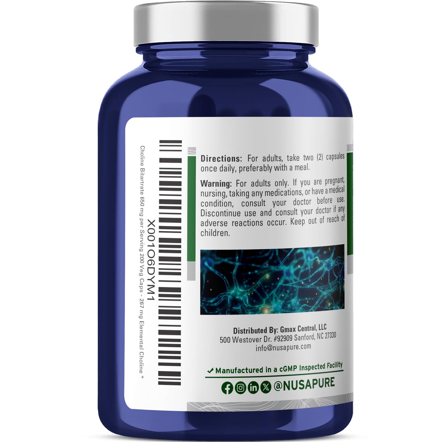 NusaPure Choline Bitartrate Capsule, 650 mg, 200 Capsules
