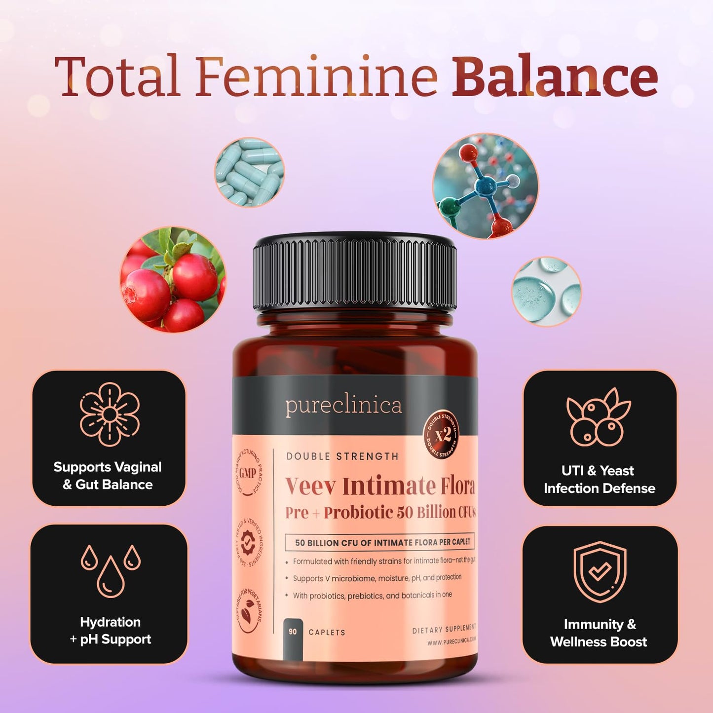 PureClinica Veev Intimate Flora - Vaginal & Gut Microbiome Support – 50 Billion CFU – Probiotics, Prebiotics, Cranberry, D-Mannose, Hyaluronic Acid, Caplets, 90 Count