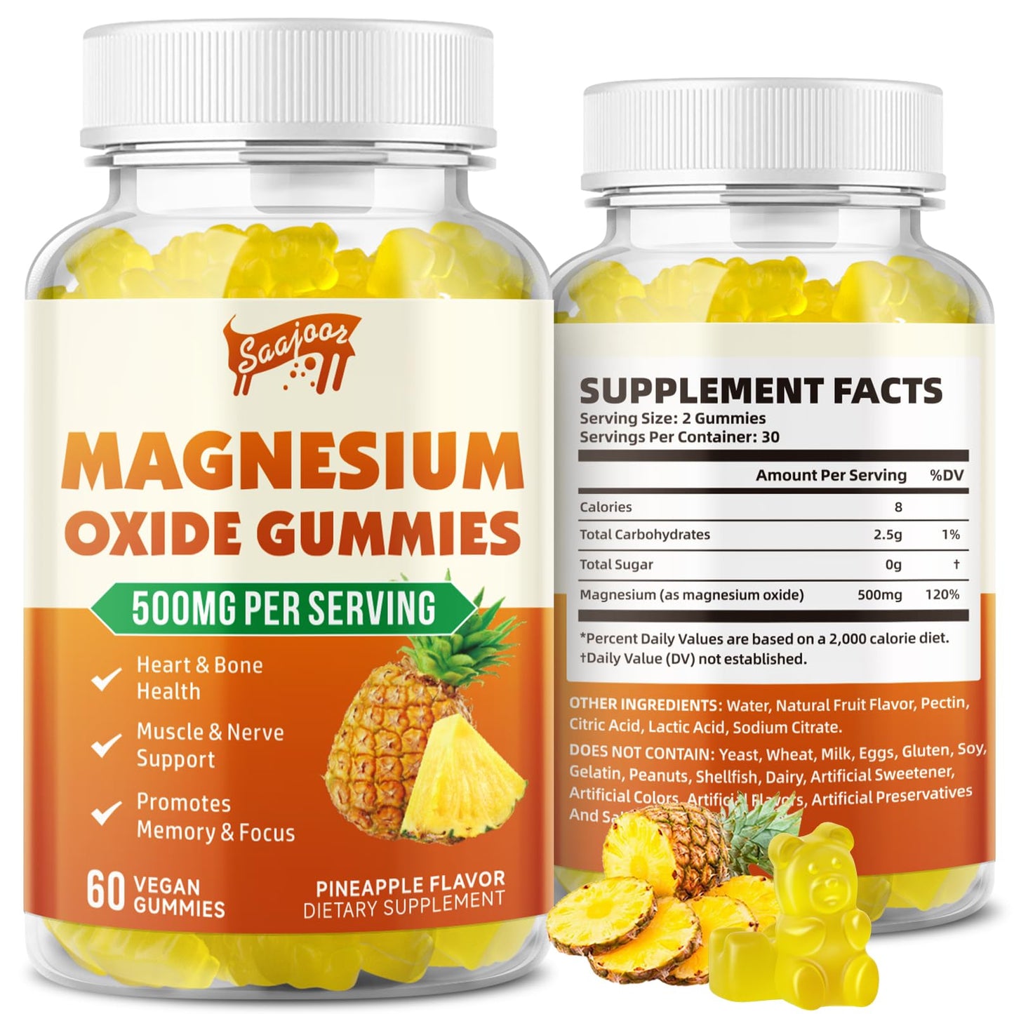 Saajoor Magnesium Oxide 500mg Gummies, 60 Count