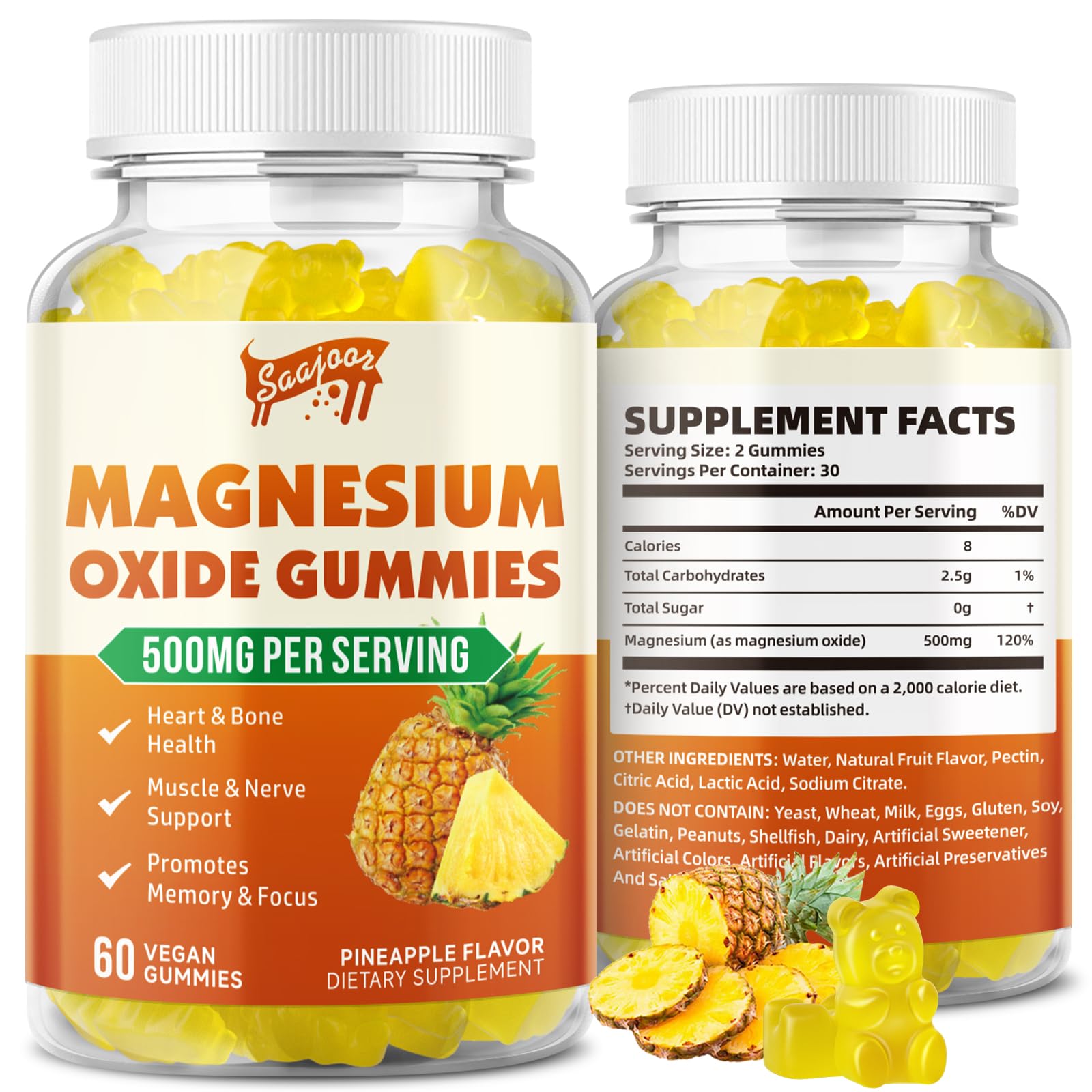 Saajoor Magnesium Oxide 500mg Gummies, 60 Count